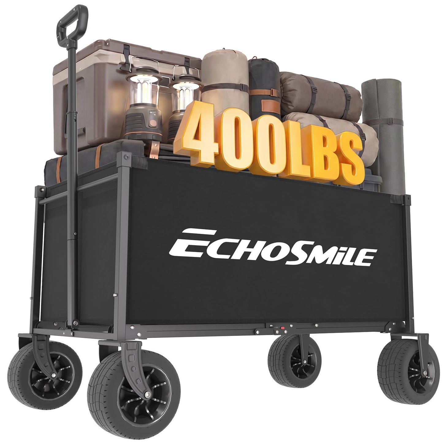 EchoSmile Collapsible Wagon Cart for Camping & Beach - Heavy Duty 400lbs Capacity All-Terrain Cart with Wide Wheels, Portable Folding Utility Wagon for Grocery, Garden, Sports,Black