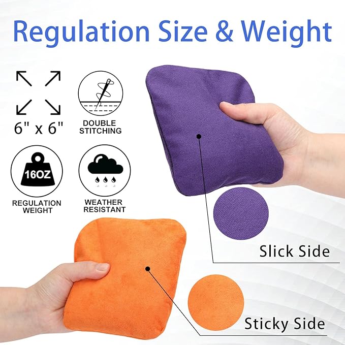 EunHo Dual Sided Cornhole Bags Regulation Set of 8 Professional Cornhole Bean Bags Slick and Stick for Tossing Game-All Weather