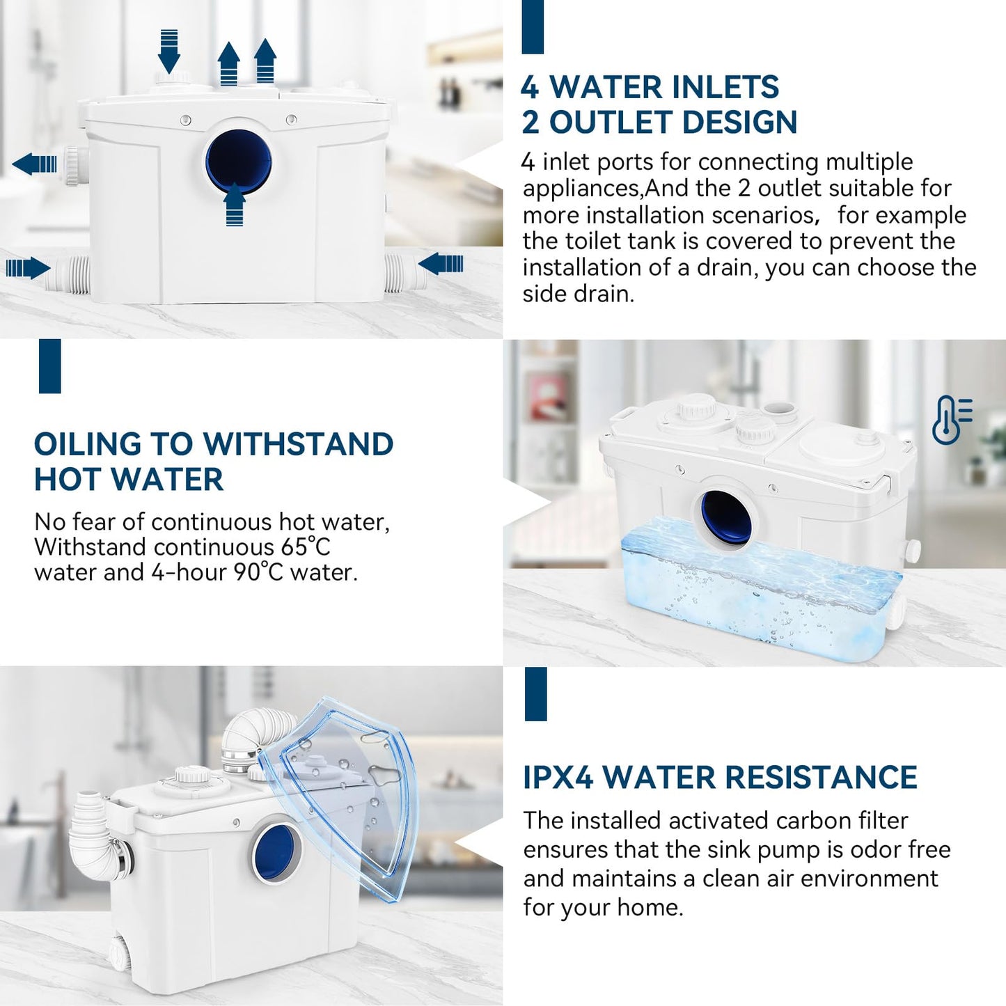 1200W Macerator Pump with PCB Function Toilet Pump Utility Sink Pump Upflush to 39.4FT 2800GPH Macerating Toilet System with 4 Water Inlets 2 Outlets for Toilet Sink Shower Laundry Kitchen Basement