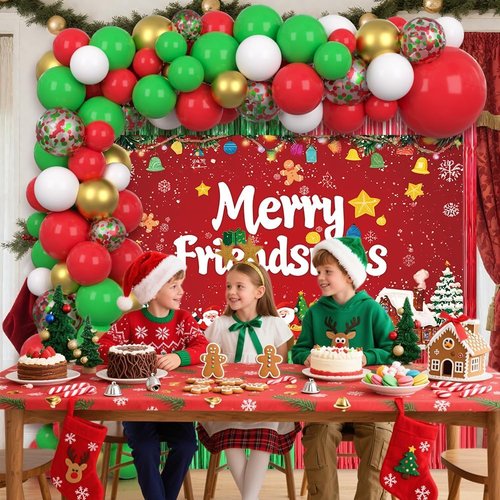 AIBIIN Christmas Balloon Arch Kit - 105pcs Friendsmas Party Decorations with Merry Friendsmas Banner & Foil Curtain