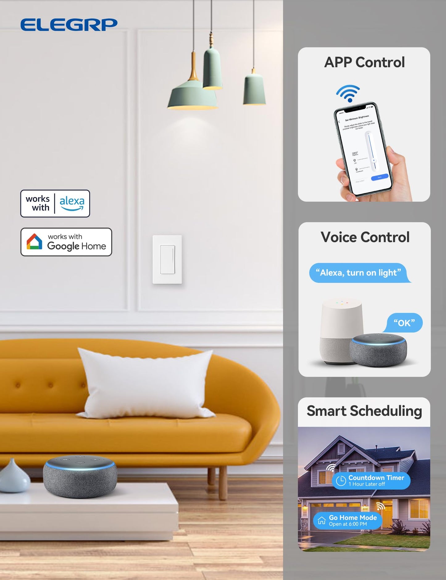 ELEGRP Smart Dimmer Light Switch DTR10, Single Pole Setup, 2.4GHz Wi-Fi Touch Dimmer Compatible with Alexa/Google Assistant, Needs Neutral Wire, No Hub Required, UL Listed, Matte White, 10 Pack