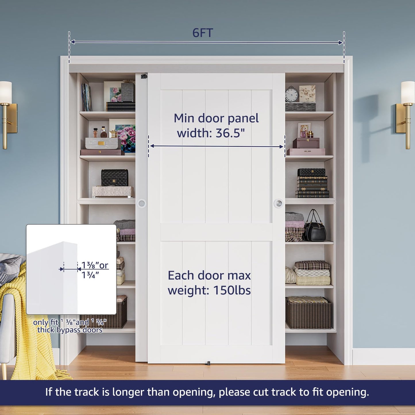 COSHOMER 6FT Bypass Door Hardware, Closet Door Track Kit, Top-Mounted Style, Made of Heavy Duty Aluminum, Smoothly and Quietly, for 2 Doors System - Fit Min Door Panel Width of 36.5in, Silver