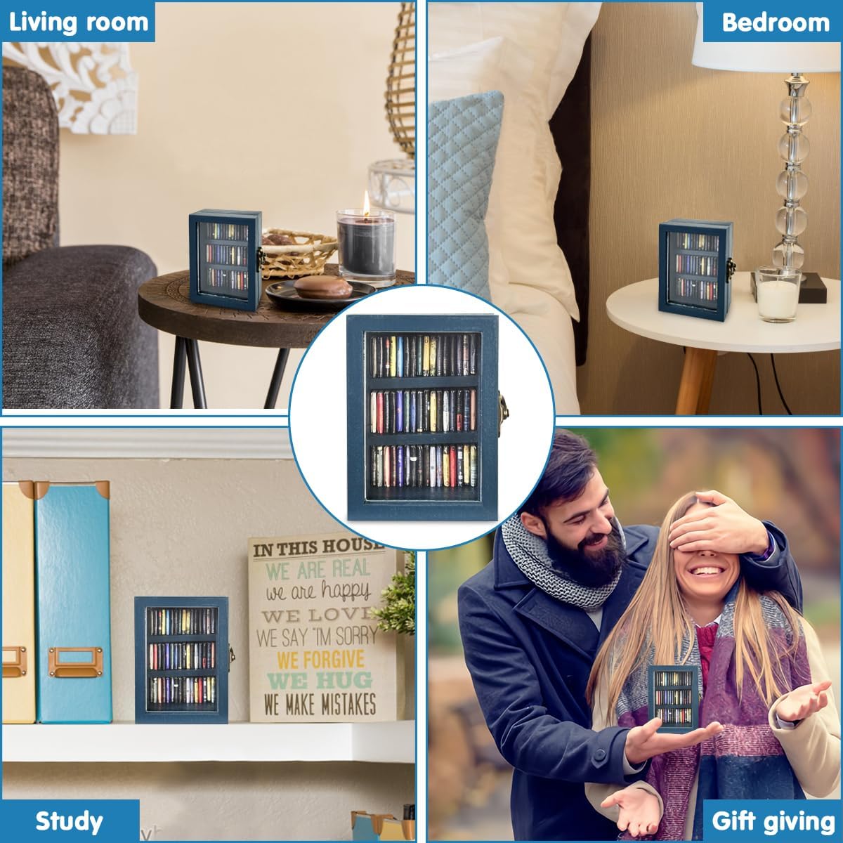 Skiennix Mini Bookshelf Ornament - Shake Away Your Anxiety | 60 Mini Books for Home Office Decor (Blue)