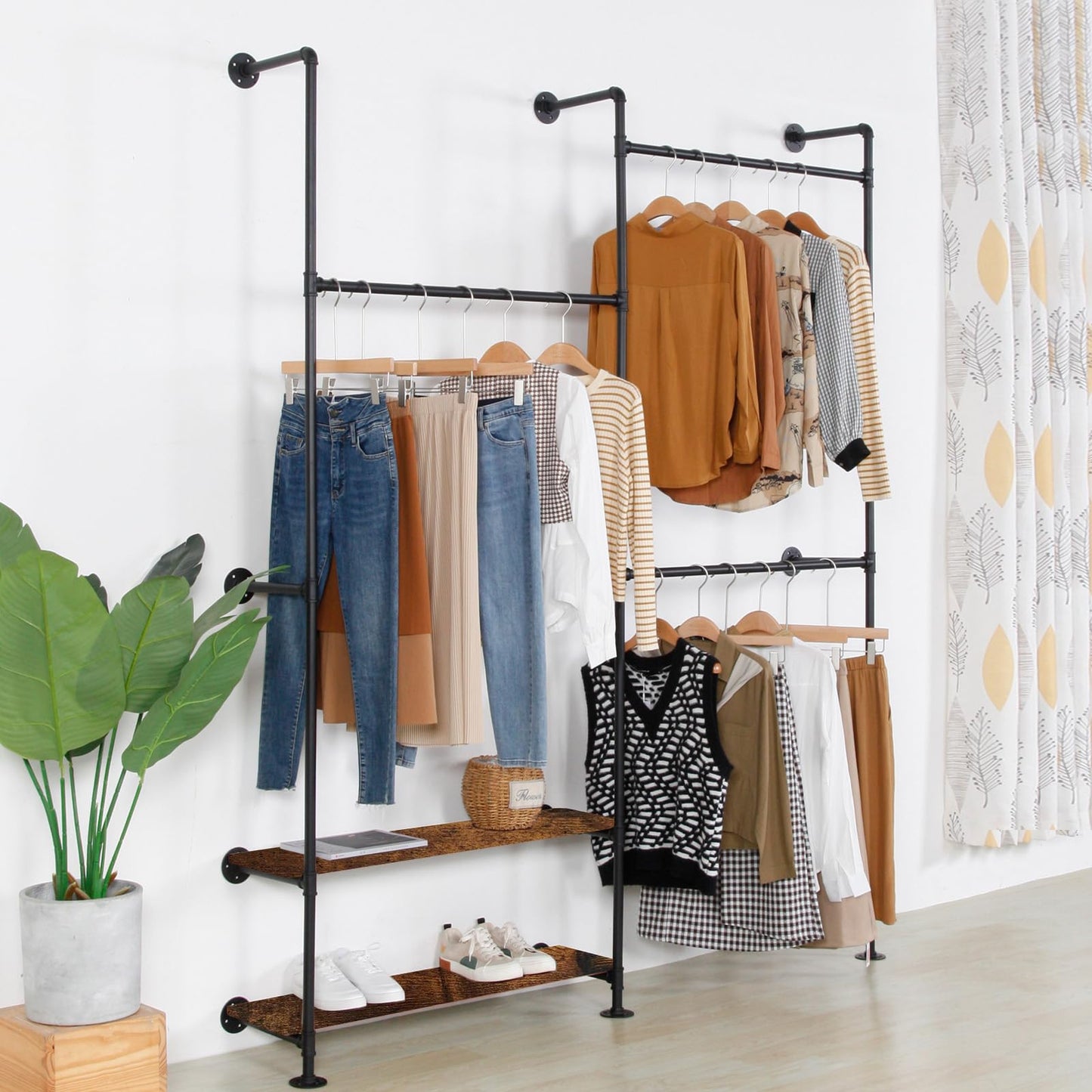 EDCB Industrial Pipe Clothing Rack Wall Mounted - Heavy Duty Wood Shelves Garment Display for Bedroom/Retail Stores, Steampunk Clothes Hanger Organizer, Black(91.7X74.8inch)