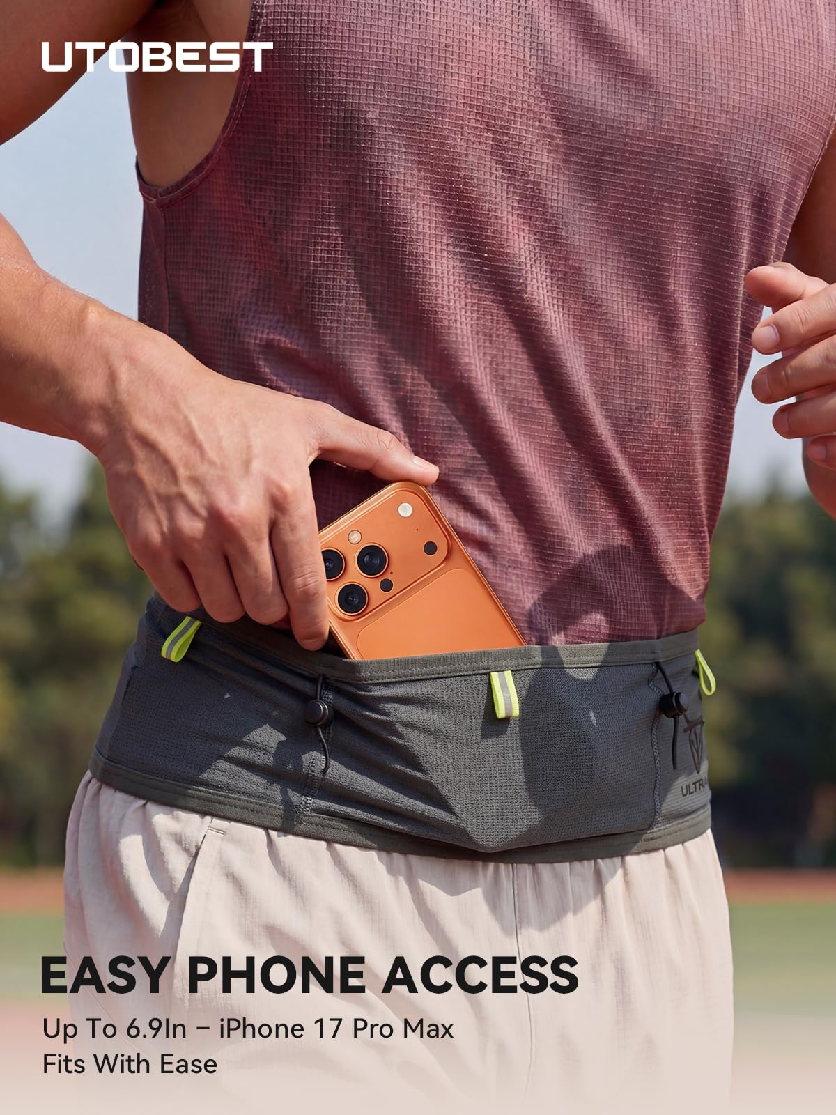 UTOBEST Running Belt for Men & Women, Bounce-Free Running Waist Pack Fits All Phones, 4-Pocket No Zipper Trail Running Belt Fits 500ml Soft Flask, Pole Carry Straps for Race, Trail (B7 Pro-Grey, 2XS)