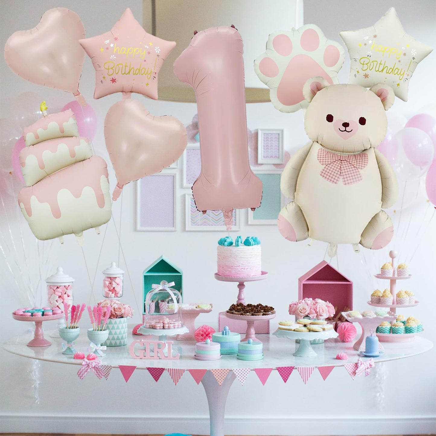 Panouo 8-Pack Matte Bear Party Balloons, Pink Foil Balloons, 1-Year-Old Girl Birthday Party Decorations, Bear Theme Party Decorations(1)