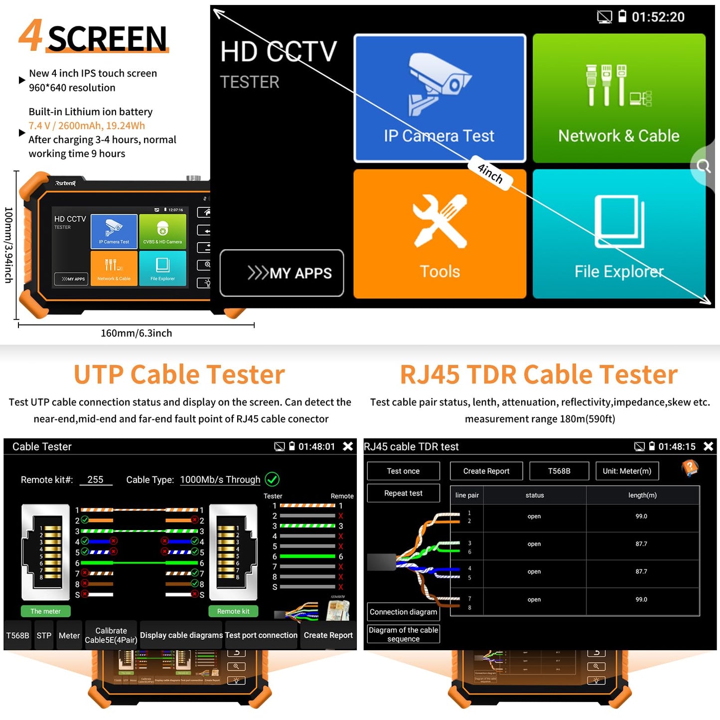 Rsrteng CCTV Tester,IPC-1910C Plus with Cable Tracer 8MP AHD CVI TVI CVBS IP Camera Test 8K HD Display Video Monitor 4 inch IPS Touch Screen IPC Tester Support POE PTZ RS485 Replace 1800ADH
