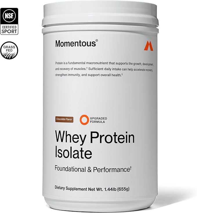 Momentous Essential Grass-Fed Whey Protein Powder - 20 g Whey Isolate Protein - NSF Certified for Sport - Gluten-Free - 24 Servings for Everyday Use - Chocolate - Package May Vary
