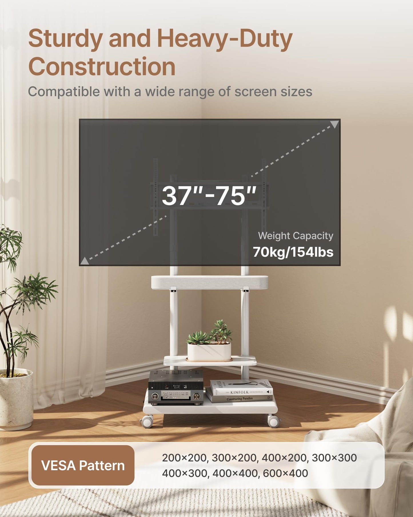 ECOTINY Steel Base Rolling TV Stand with Soundbar Mount for 37-75 inch TVs up to 154lbs, Swivel&Tilt Mobile TV Stand with Large Storage, Height Adjustable Heavy-Duty TV Cart, Max VESA 600x400mm, White