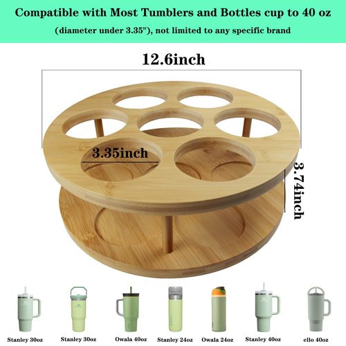 Ami.Todfo 7 Slots Water Bottle Organizer for Stanley Cup Tumbler Accessories Owala Bottle Holder Rotatable Drying Rack Storage for Kitchen Cabinet Countertop Pantry Organizers for Gift, Natural Wood