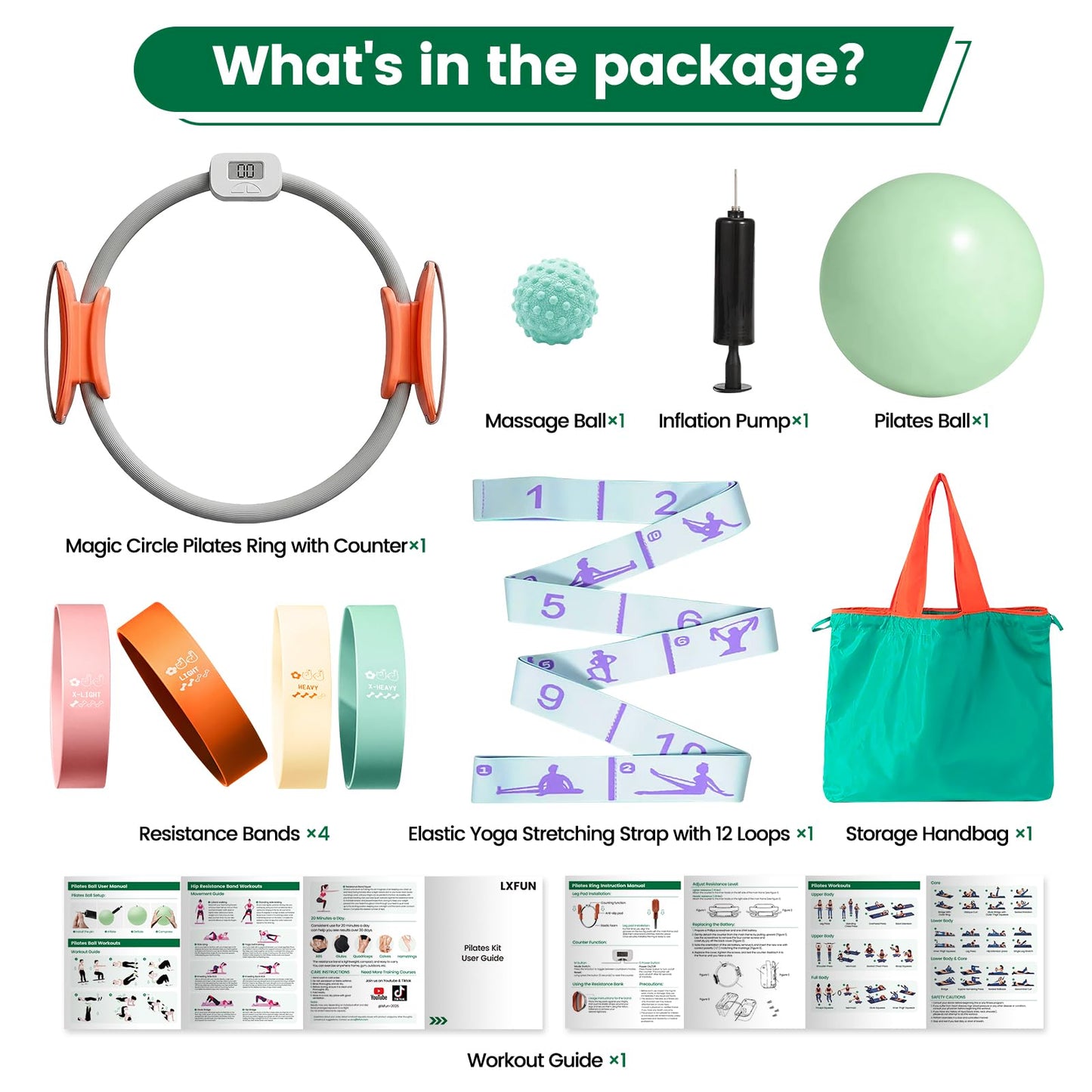 LXFUN Magic Circle Pilates Equipment Kit with Smart Counter - 14" Pilates Ring and Ball Set with Yoga Ball, Resistance Bands, Stretching Strap, Massage Ball & Bag for Home Full Body Workouts