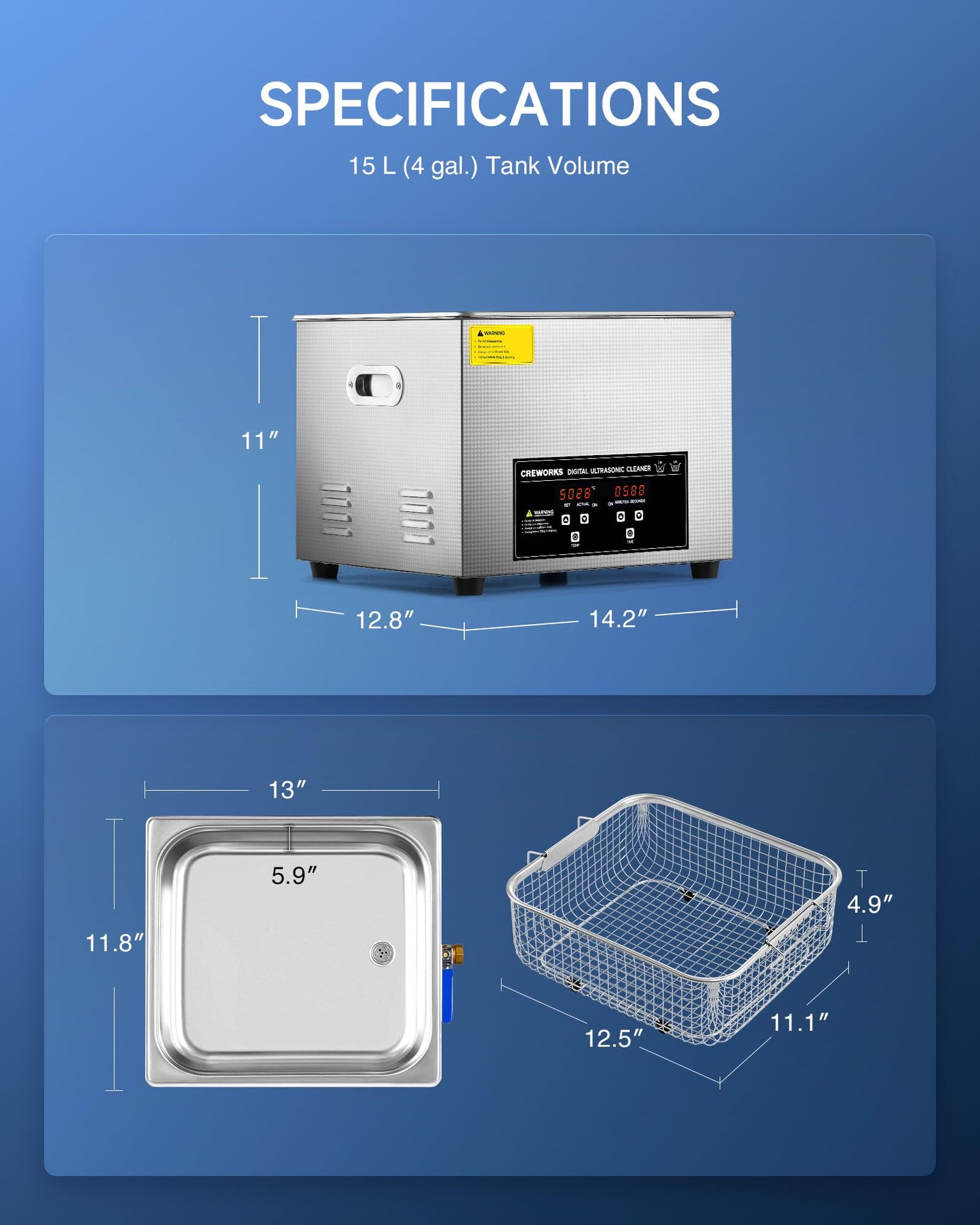 CREWORKS 360W 15L Stainless Steel Cleaning Machine, 4 gal Ultrasound Cleaner with Heater and Timer, Digital Sonic Cleaning Machine for Professional Jewelry Tool Watch Glasses Retainer Parts Cleaning