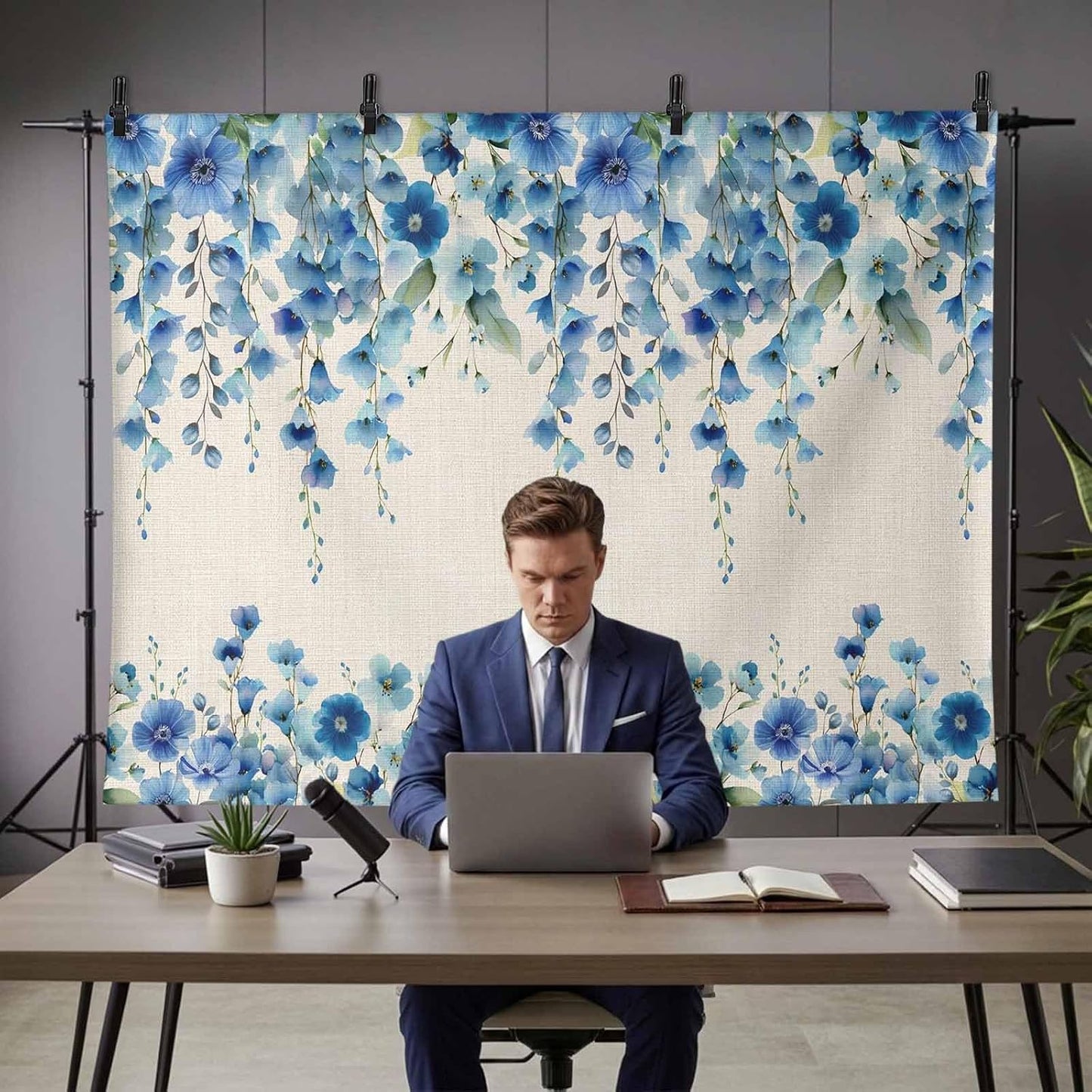 VANPTBNHS 12x8ft Curtain,Country Photography Backdrop,Retro Blue Flowers on Jam Professional Photography Background