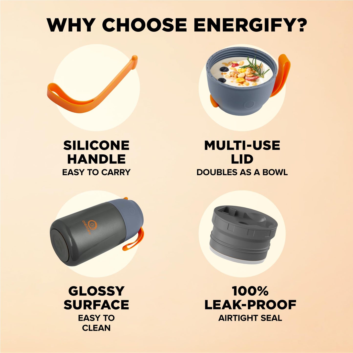 ENERGIFY Vacuum Insulated Food Jar. Large 24oz Bowl incl. Folding Spoon, Cup. Wide Mouth Keep Hot & Cold Drinks Soup Lunch Container for Adults. BPA-Free Stainless Steel, Leak Proof Grey