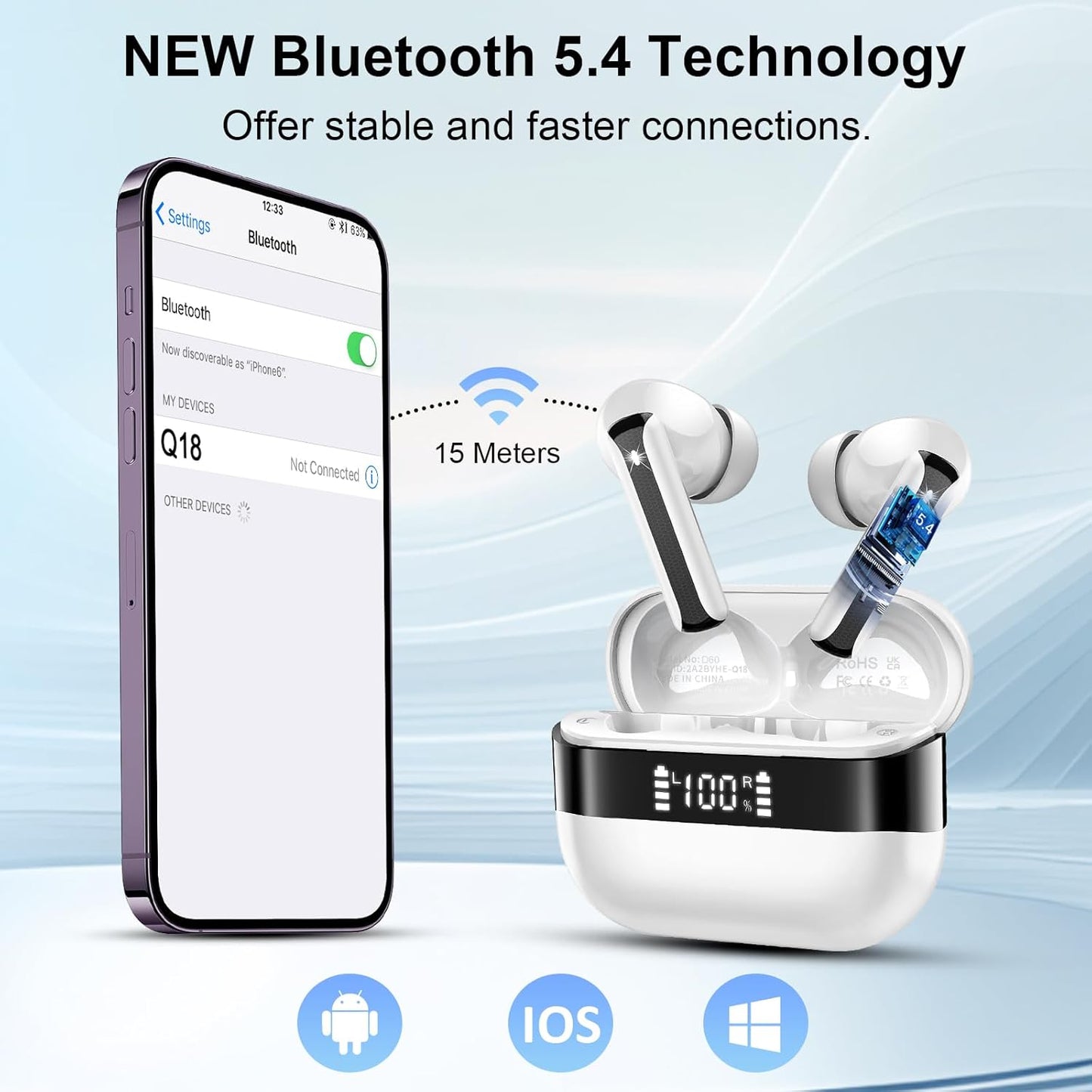 5.4 4 48H IP7 Wireless Earbuds, Bluetooth Headphones HiFi Stereo, Bluetooth Earbuds with ENC Mics, Playtime Ear buds