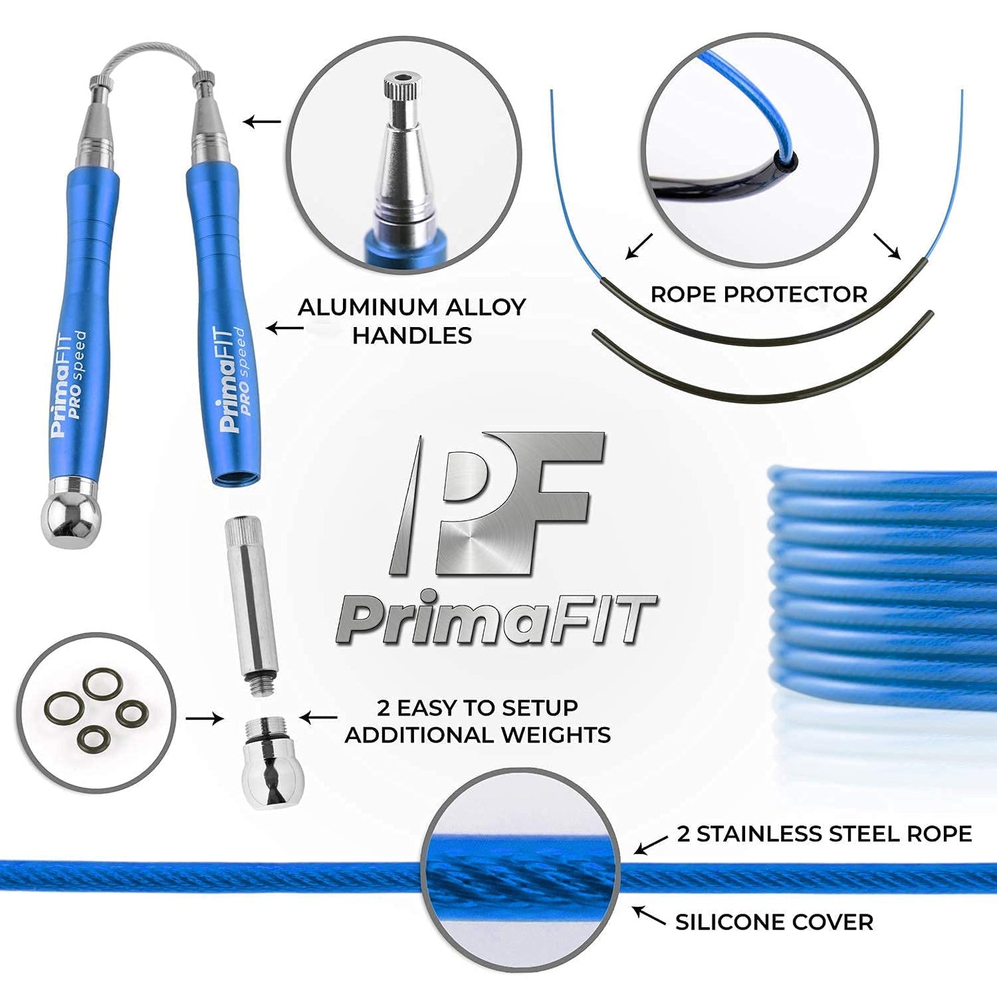 PrimaFIT Jump Rope Pro Speed Skipping Rope Adjustable Adult Jumping Rope Weighted Aluminium Handles for Double Dutch Boxing Workout Crossfit Exercise Fitness Spare Cable Weights Protectors Carry Bag