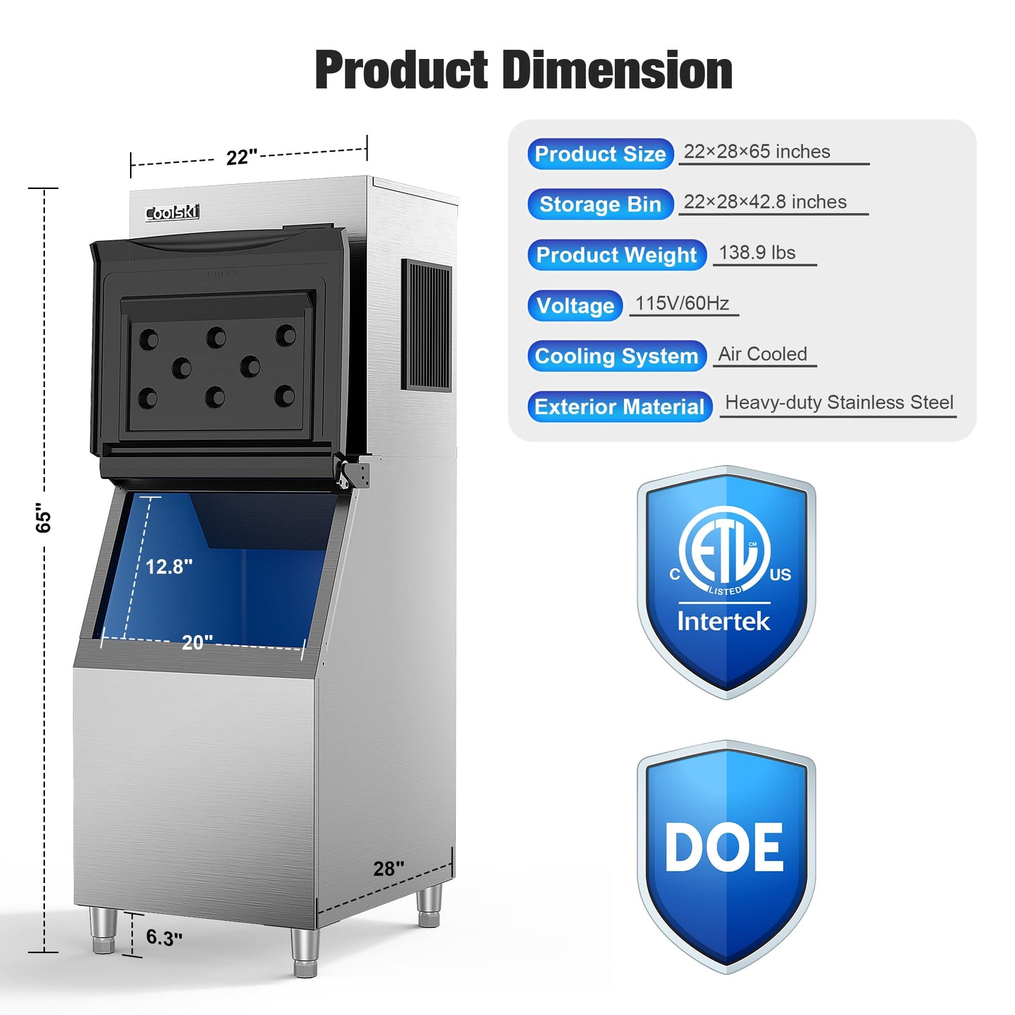 Coolski Commercial Ice Maker Machine 450LBS/24H, 22'' Wide Ice Machine with 300LBS Large Storage Bin, Clear Ice Cubes Air Cooled Stainless Steel Ice Maker for Restaurant/Bar/Cafe/Business