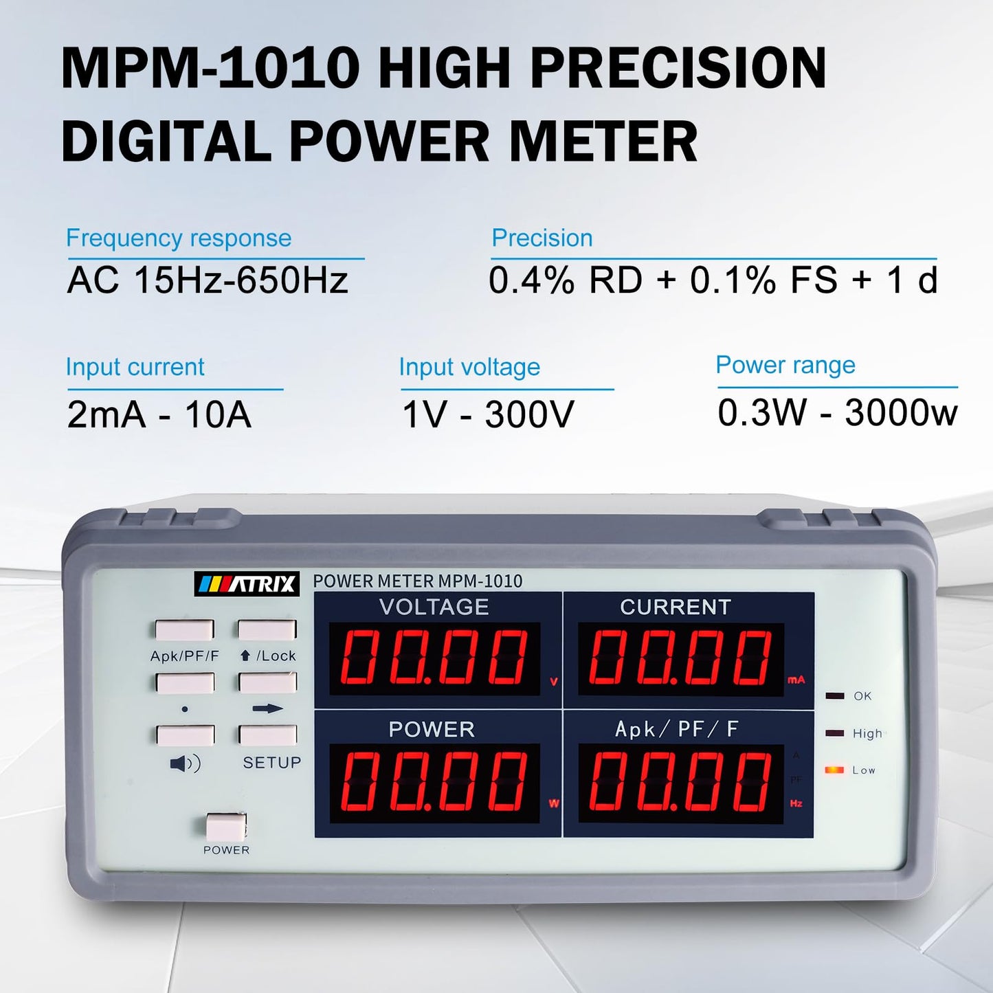 MATRIX MPM-1010 High Precision Bench Digital AC Power Meter - Voltage Current Power Factor and Frequency Meter with Upper and Lower Limit Set and Sound Light Alarm