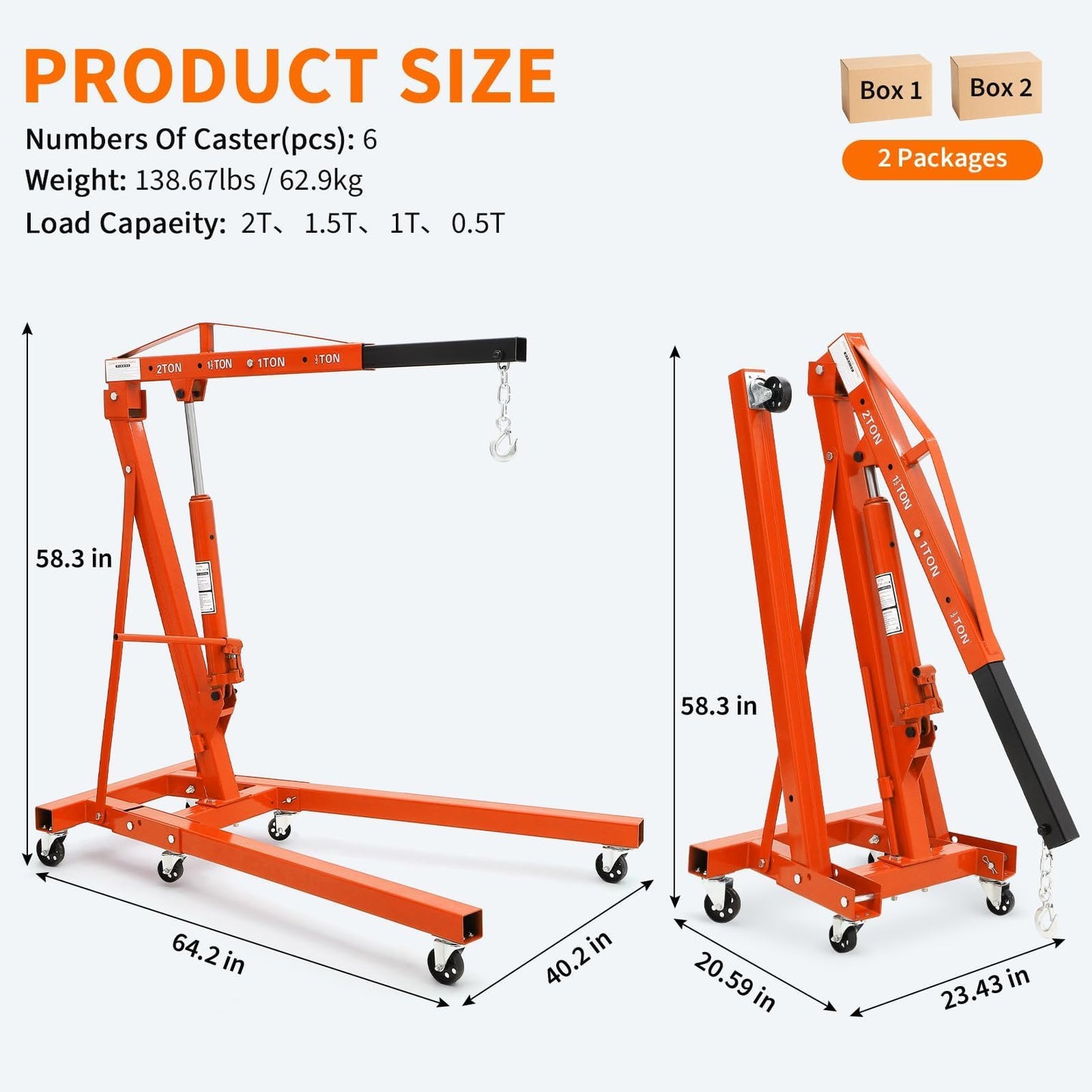 2-Ton Folding Engine Hoist Cherry Picker 44 Lb Capacity Hydraulic Shop Crane with Telescoping Boom 6 Caster Wheels for Automotive Repair Garage Use Includes Hitch and Storage Stand Orange