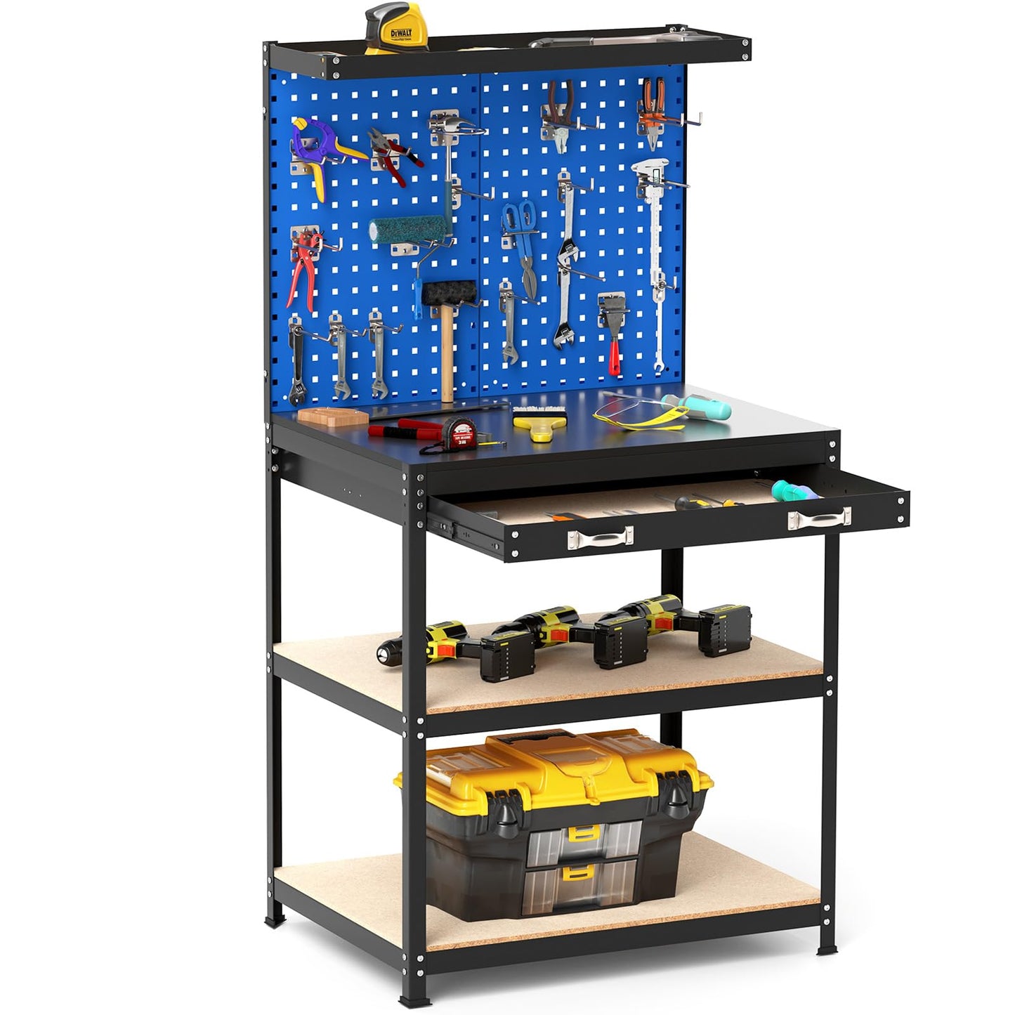 Goplus Workbench with Drawer, 32" x 16" Heavy-Duty Work Table with 2 PCS Pegboard & 4 Shelves, 19 Hanging Hooks, 495LBS Capacity, Metal Tool Storage Work Bench for Garage, Workshop, Home