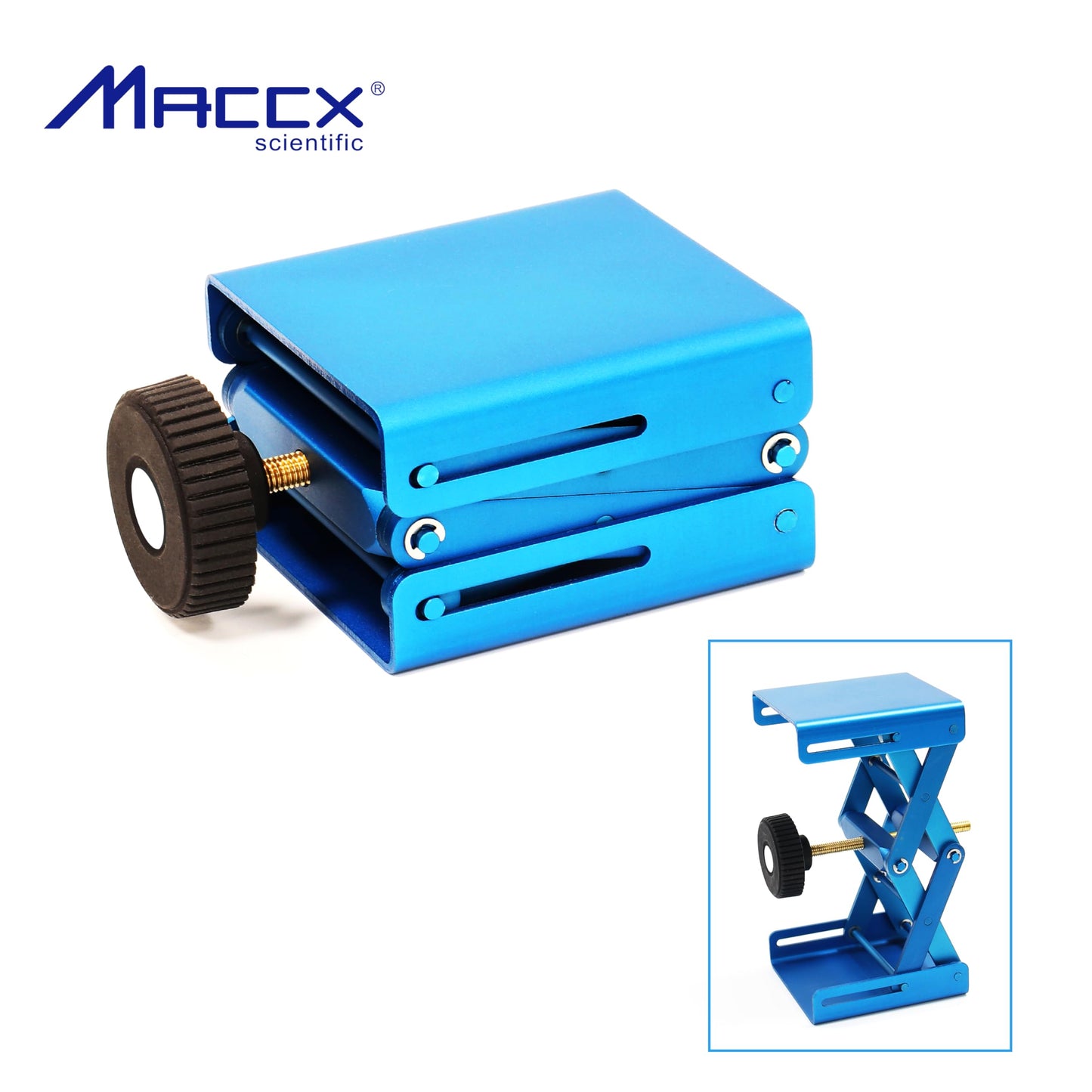 Maccx Lab Support Jack, Blue Color, Aluminum Table, Dim of Platform 3.15"x3", Max. Height up to 5.5", LSJ080-001