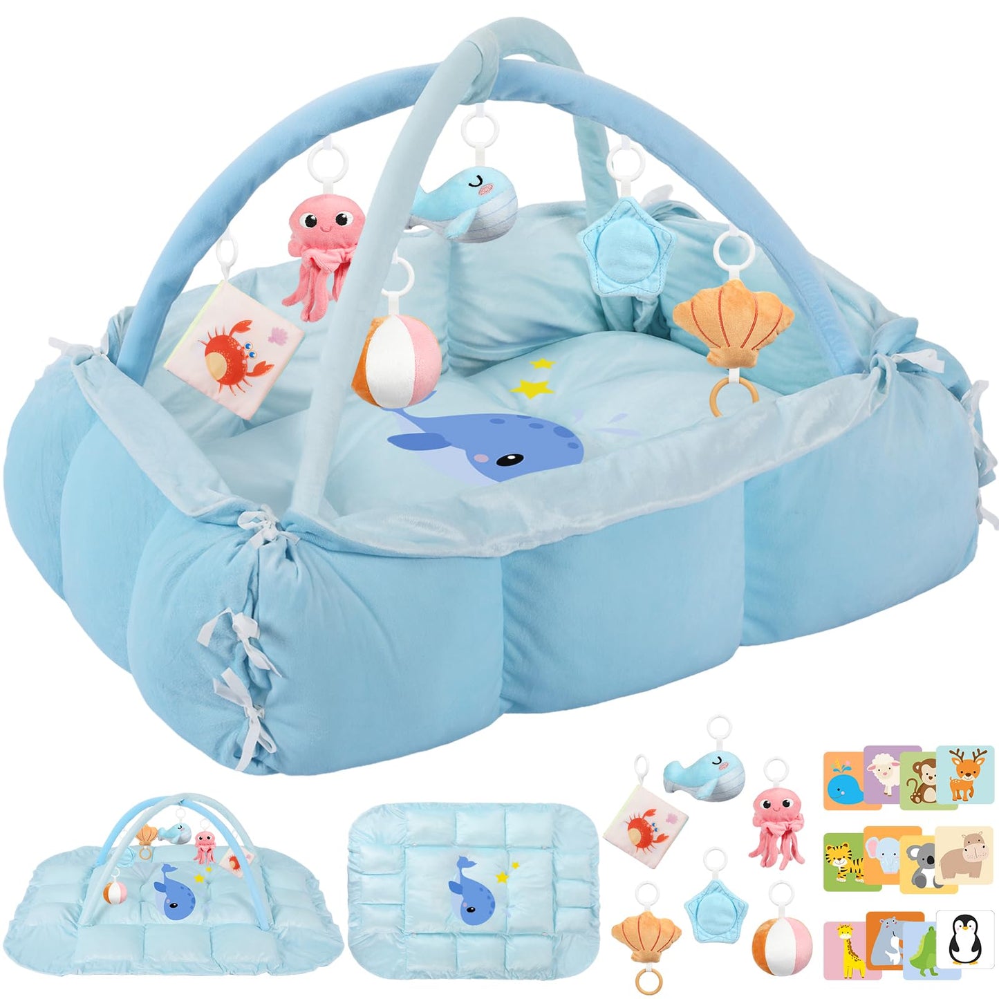 5-in-1 Tummy Time Mat Baby Activity Gym with Cartoon Pattern, Extra Thick Plush Play Floor Mat, Featuring Hanging Toys, Sensory Development Gym & Lovely Gift for Newborn Baby, Whale