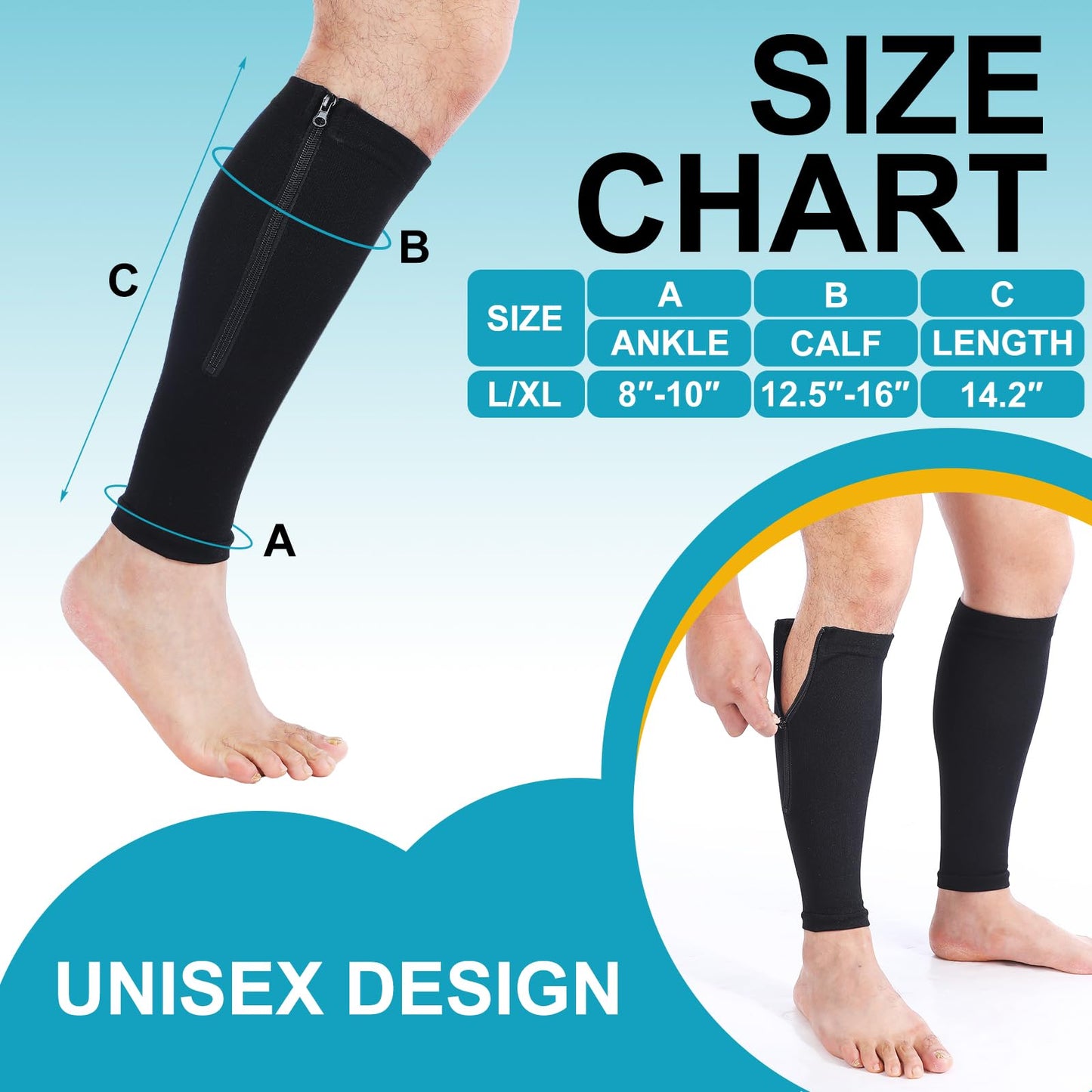 Threlaco 3 Pairs Calf Compression Sleeve with Zipper 20-30mmhg Leg Compression Sleeve Calf Brace Zipper Socks No Foot Sleeves for Men Women Support Running Shin Splints(Black White Blue)
