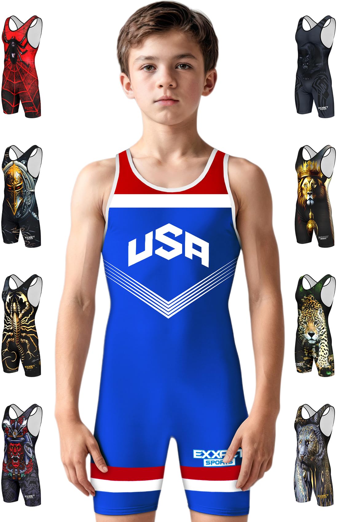 Exxact Sports Sublimated Youth Wrestling Singlet For Boys, Premium Powerlifting Singlet, Kids Wrestling Singlets For Training (YL, Royal Blue USA)