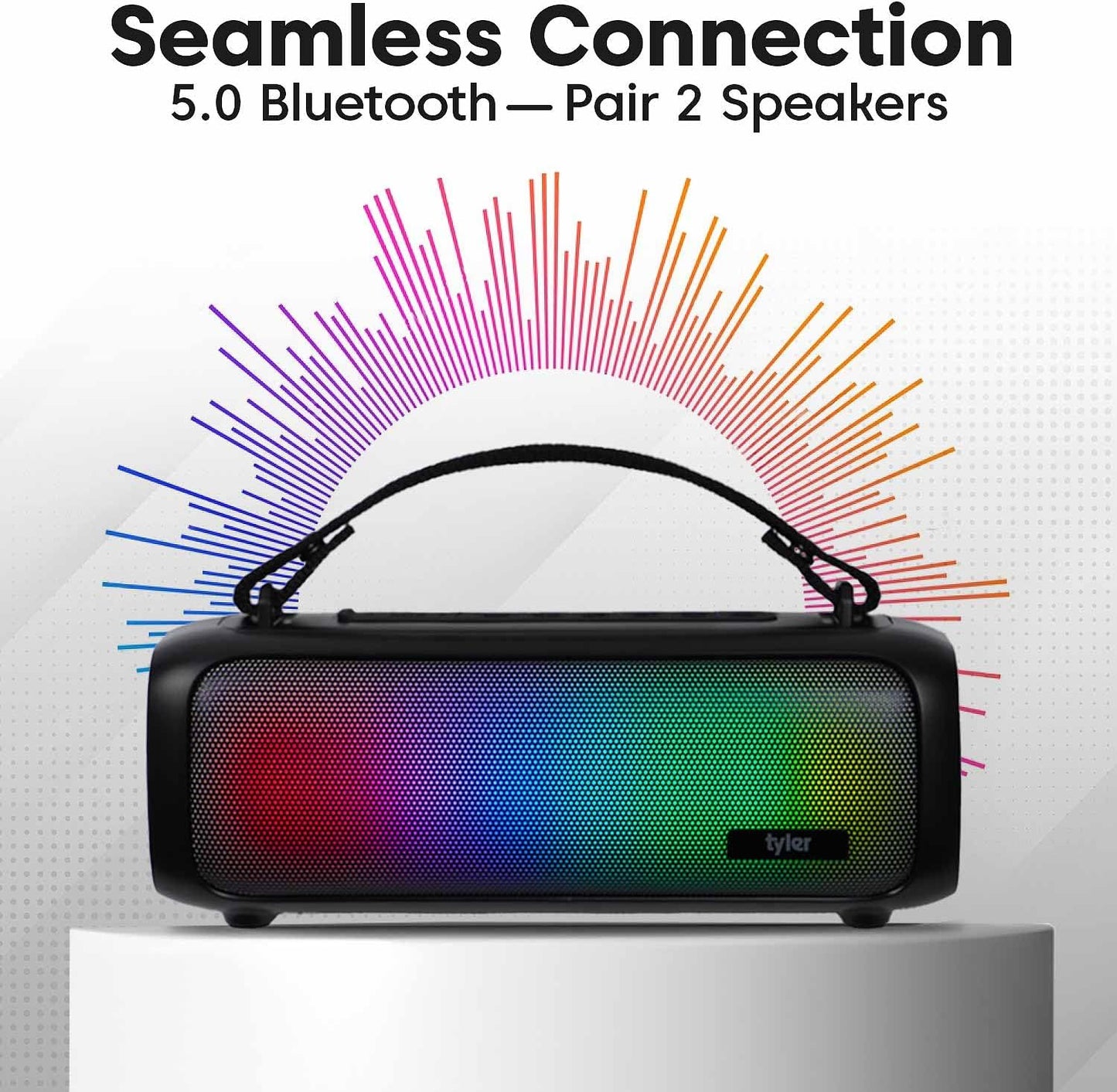 Tyler MP3 Wireless Bluetooth Speaker RGB Lighting Long Range Rechargeable Boombox USB AUX Inputs Fm Radio Sound & Bass