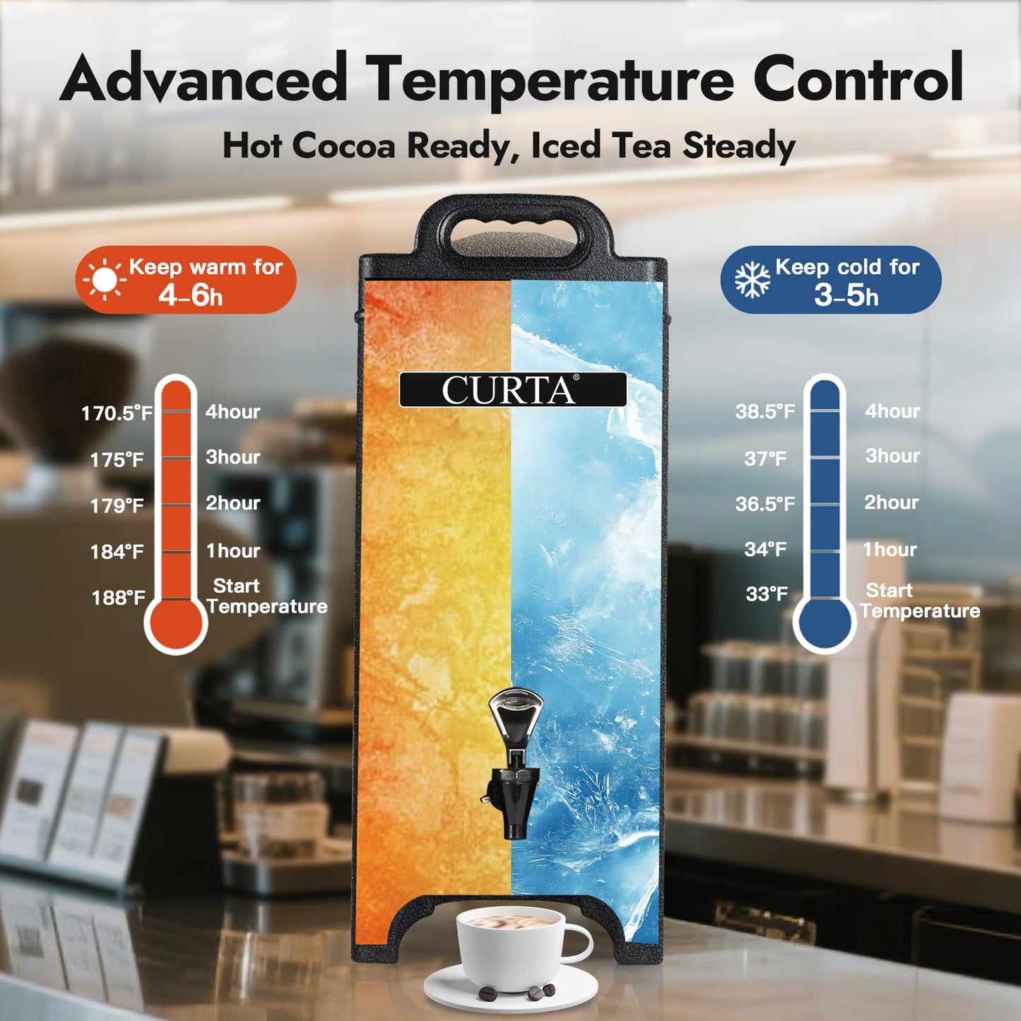 CURTA 5-Gallon Insulated Beverage Dispenser- Hot and Cold Drink Container with Ergonomic Handle, Stand & Leak-Proof Lock, Commercial Drink Pitcher for Coffee, Juice, Lemonade, Parties,Events
