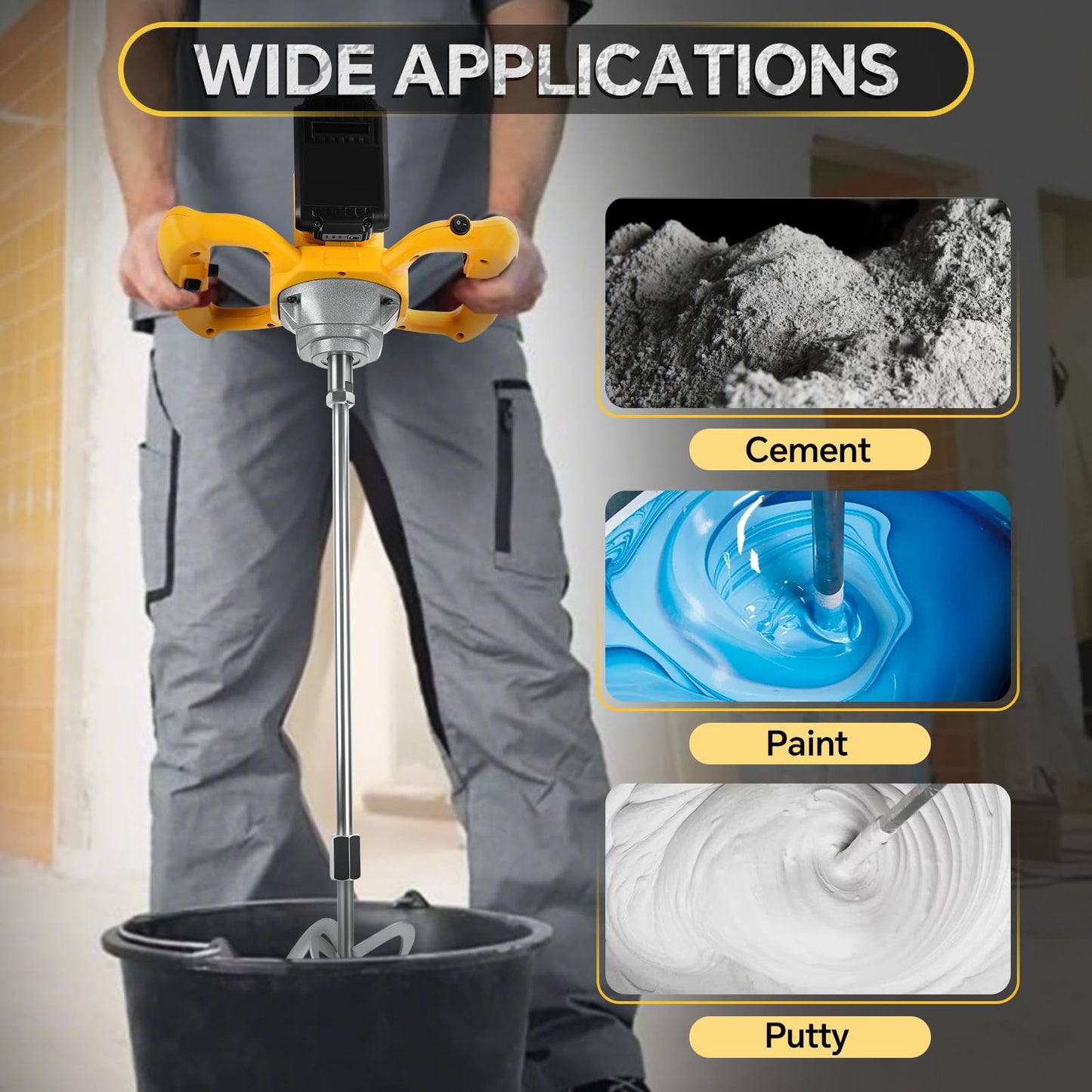 Cordless Cement Mixer, for Dewalt 20V Battery, 1200W Handheld Electric Concrete Mixer, 6 Adjustable Speed Mud Mixer for Fodder,Paint,Glue,Meat,Putty,Cement