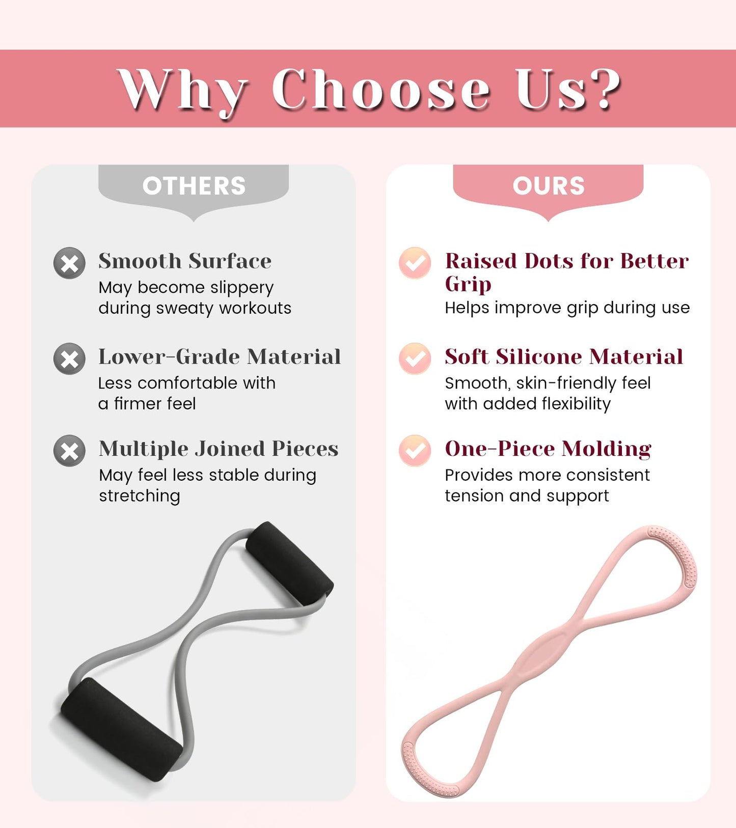Resistance Bands with Handles, 2 Pcs Figure 8 Exercise Bands for Arm, Back and Shoulder Training, Elastic Fitness Bands for Strength Training, Stretching, Yoga and Home Workouts (‎Pink+Purple)