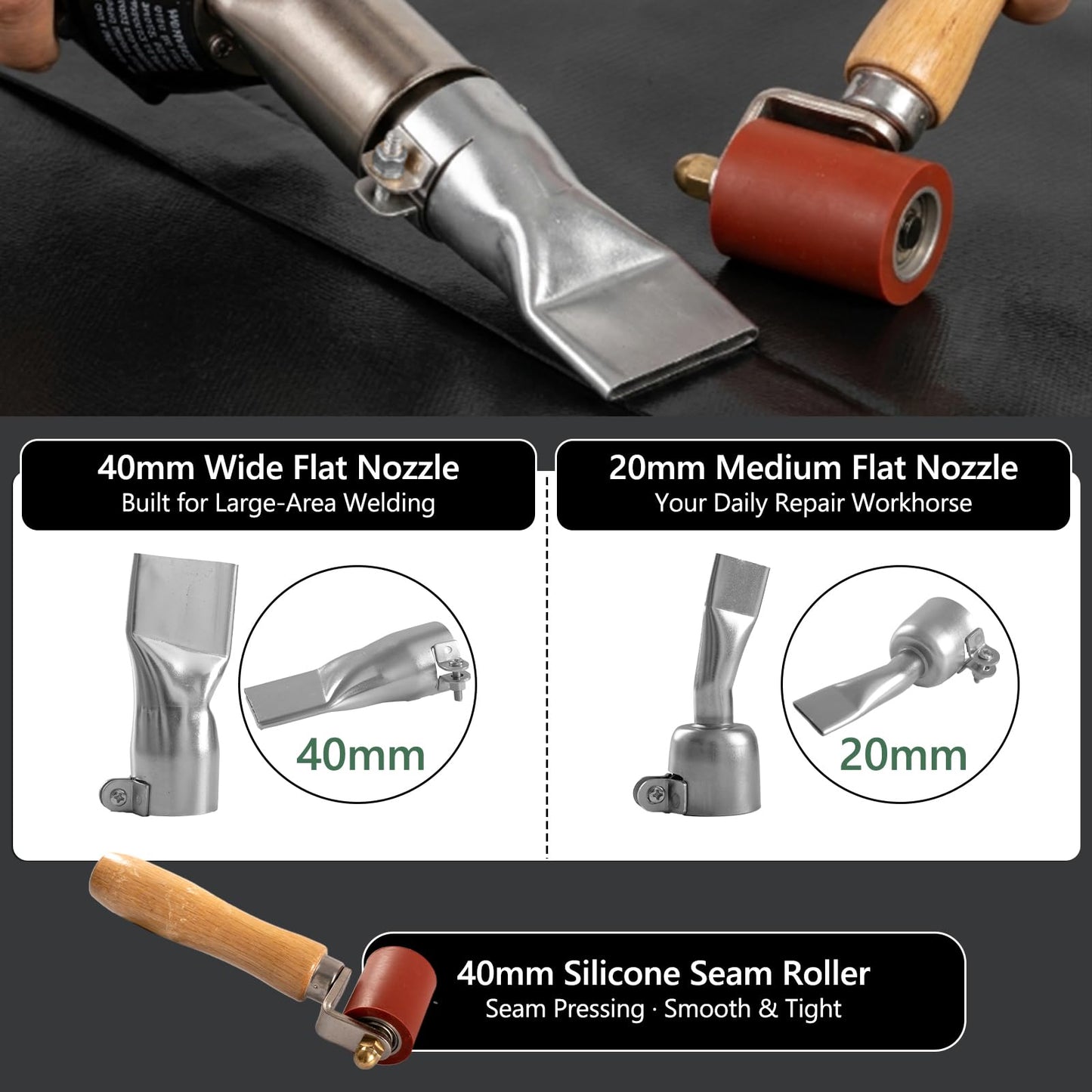 1600W Heat Gun Kit 110V, Plastic Welder with 16.4FT Power Cord, Hot Air Gun for PVC Roofing, Vinyl Floor, Plastic Repair, 2 Welding Nozzles & Silicone Roller Included