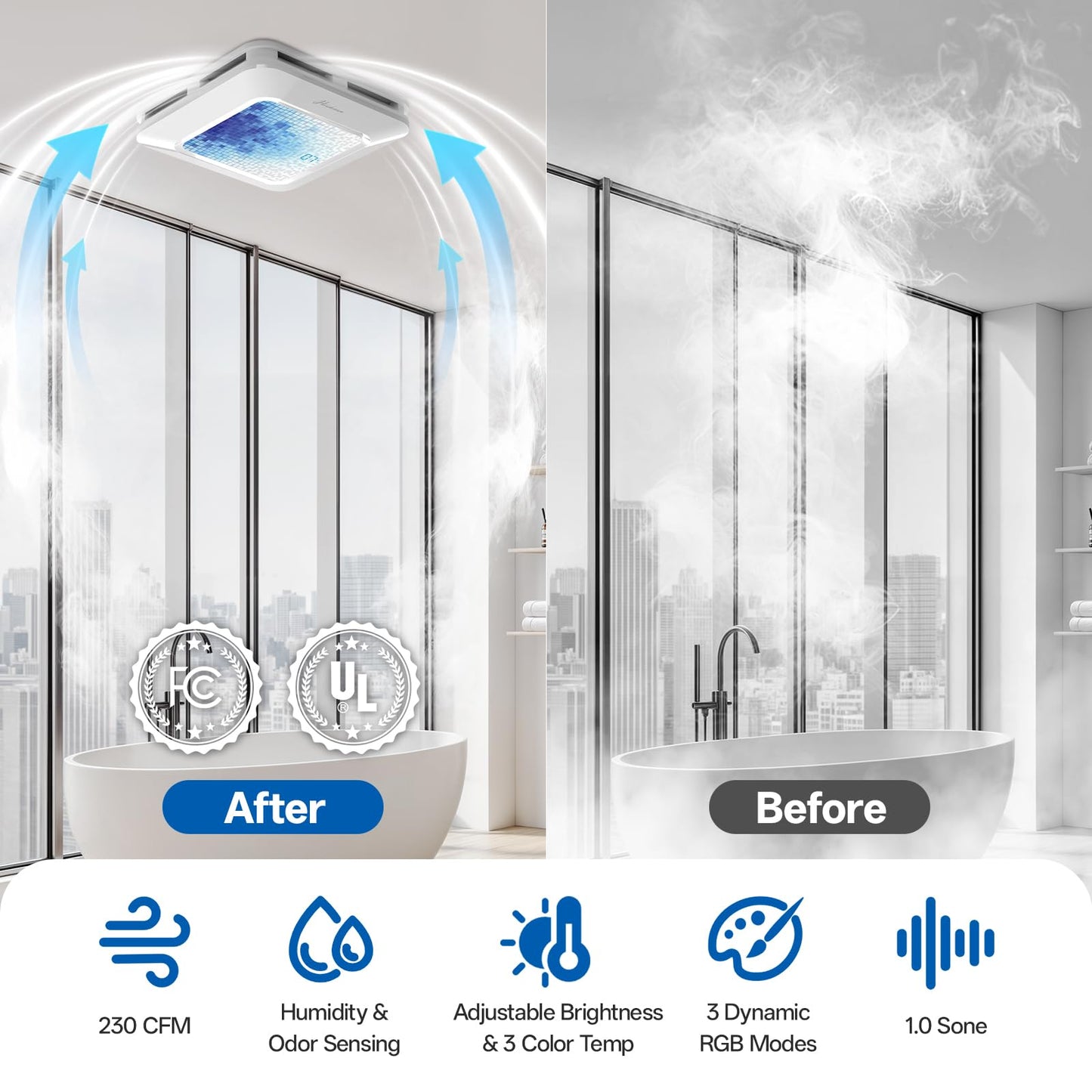 Hawkrown Bathroom Exhaust Fan with Light Humidity Sensor, Bathroom Fan with Odor & Humidity Sensor, 230 CFM 1.0 Sone Venlitation Fan with 3CCT LED Light 7 LED Color, Remote Control Easy Install