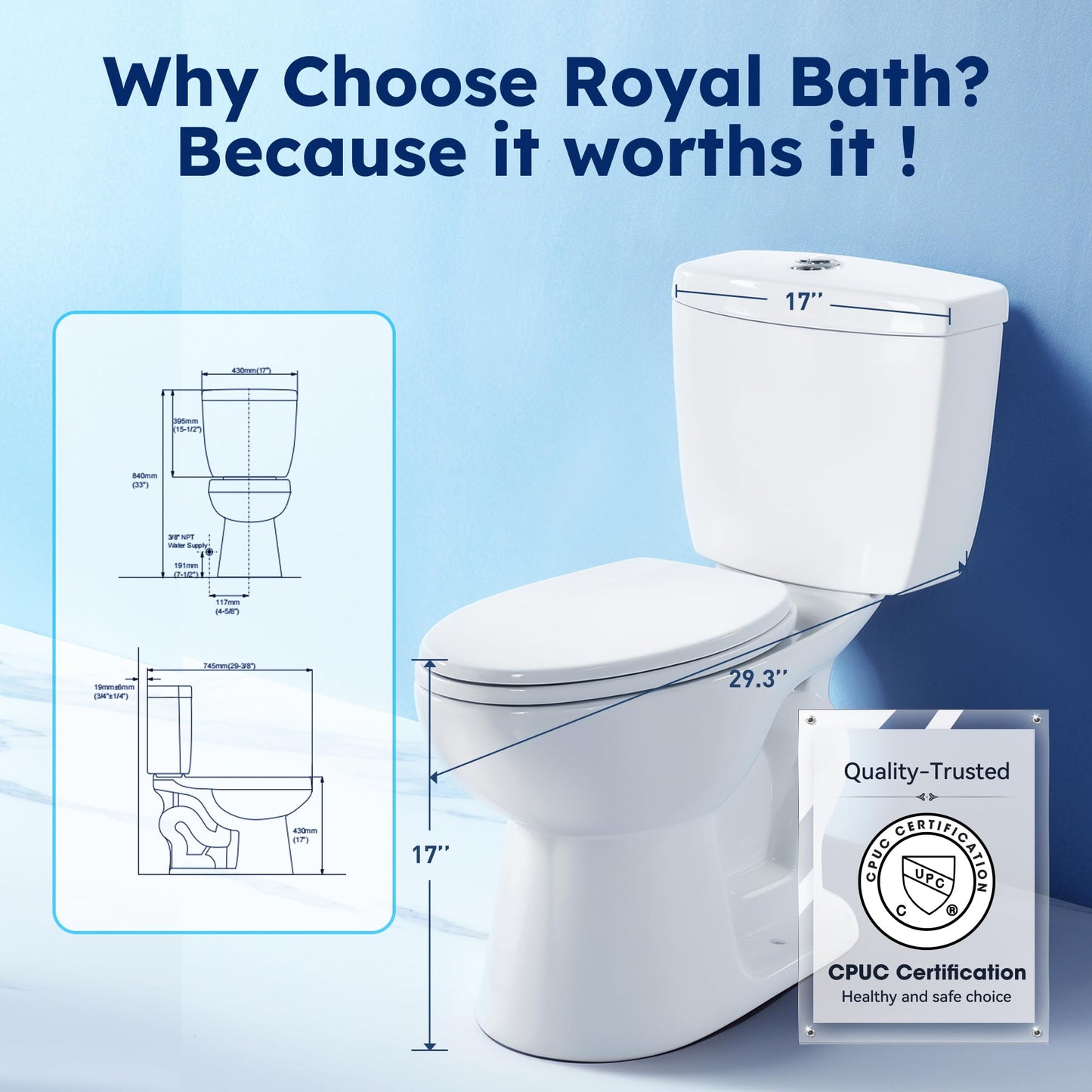 Royal Bath 360° TSUNAMI Flush Two-piece Toilet: 17.3" ADA Height, Nano Self-Cleaning, WaterSense/MAP/CUPC Certified, 0.93/1.27 Gal Dual Flush, Elongated Bowl & Soft-Close Seat,12" Rough-In