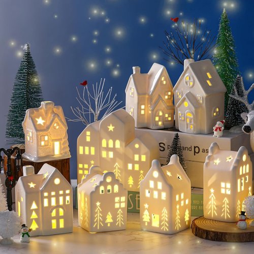 Cindeer 26-Piece Ceramic Christmas Village Set - 8 LED Houses & 16 Trees | Elegant Tabletop Decor