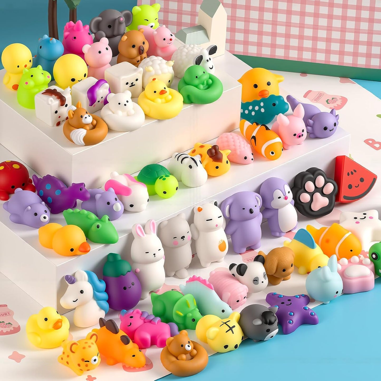 Skiennix 25 Pcs Mochi Squishy Toys - Kawaii Animal Stress Relief Toys in Storage Bucket | Perfect for Party Favors & Classroom Prizes