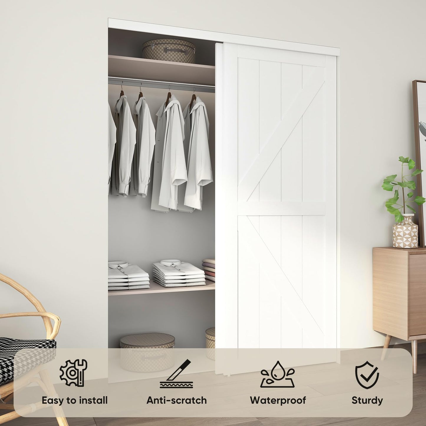 JUBEST 72"(Double 37") x80 Sliding Closet Door, K Style Bypass Closet Door with Hardware Kit & Matching Fascia, Preassembled Solid Wood Slab with Water-Proof PVC Surface, Easy to Install, White
