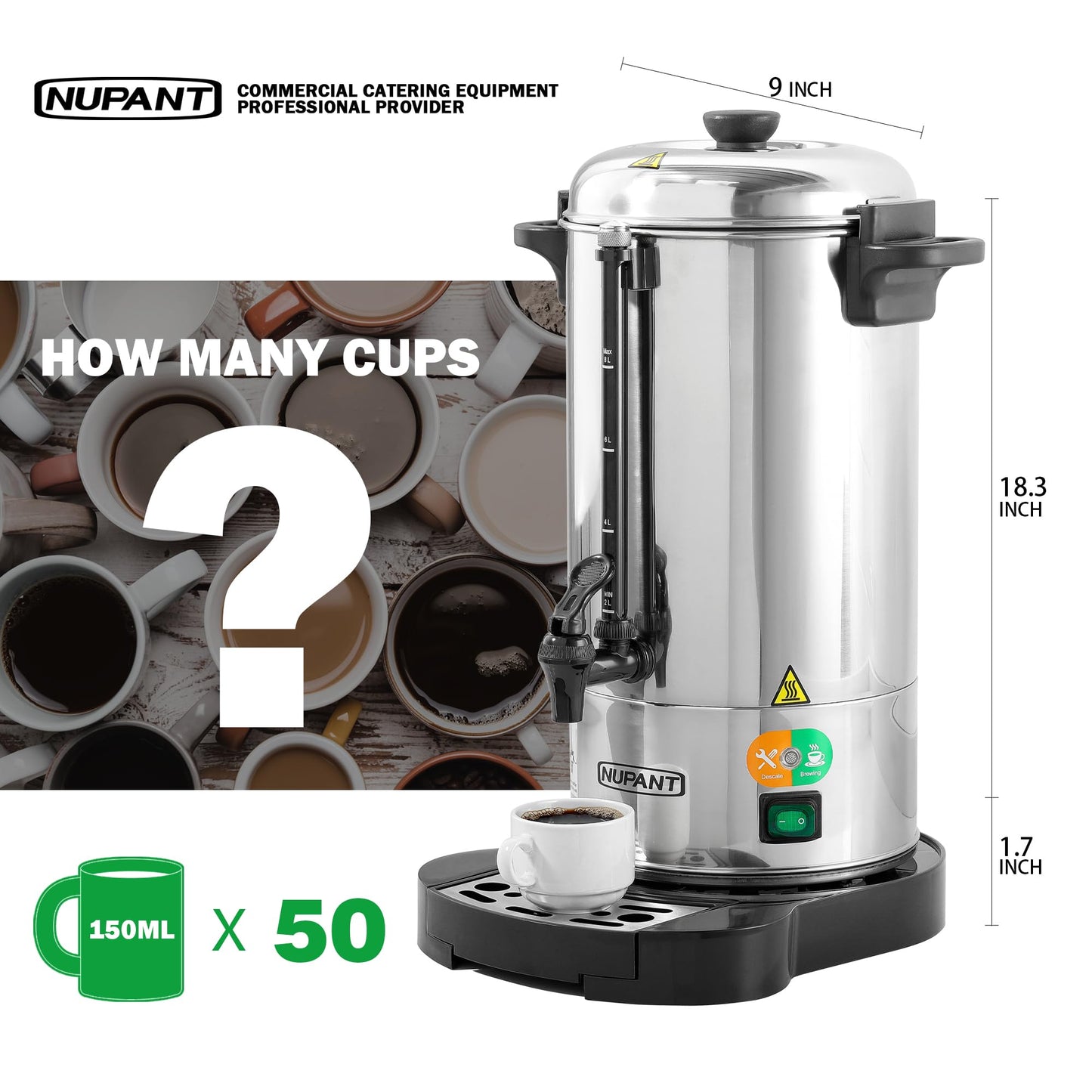 Commercial Coffee Urn 50 Cup/8L + 200-Pack 12oz Insulated Paper Cups with Lids | Complete Coffee Serving Bundle for Restaurant Catering, Church & Large Events