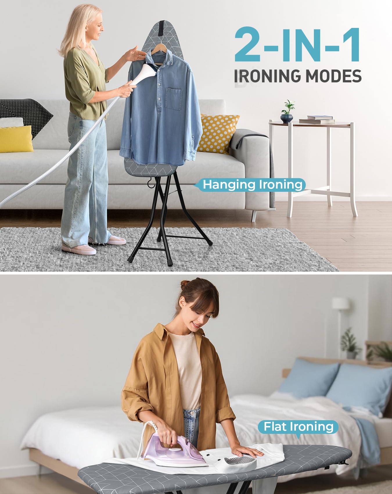 LyriFine Ironing Board, 2-in-1 Ironing and Steaming Board, Sturdy Steel Frame Iron Board with Non-Slip Feet, Heat Resistant Cover Iron Board, Foldable Compact Ironing Board with Hook, 14″ x 43″ Gray