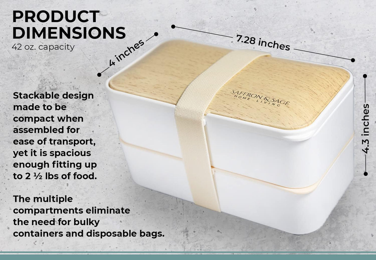 Saffron & Sage Bento Lunch Box - 42oz White Japanese Style Box with Cutlery & Bag | Leak-Proof & Microwave Safe