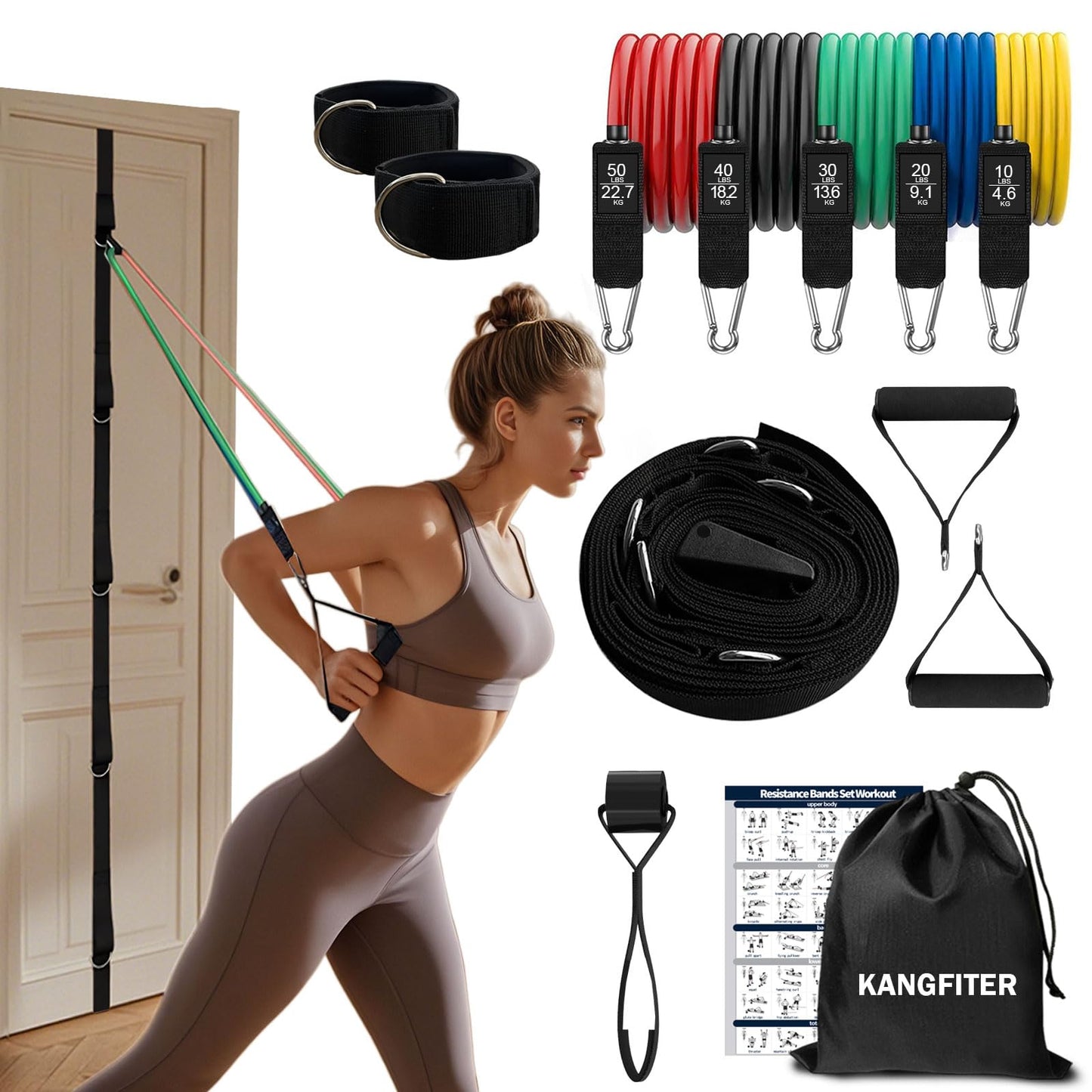 KANGFITER Door Anchor Strap and Resistance Bands for Working Out with Handles, Strength Training Equipment Exercise Bands for Full Body Workout, Non-Slip Multi Point Attachment for Home Gym Fitness