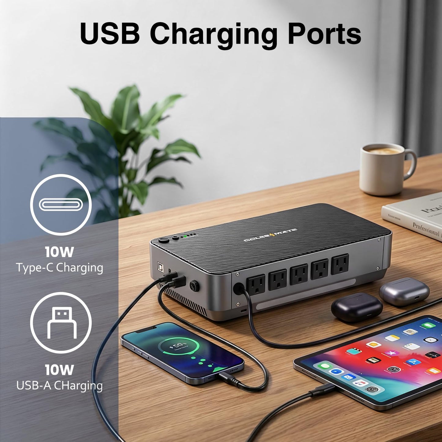 GOLDENMATE 600VA/360W Lithium UPS Battery Backup and Surge Protector, LiFePO4 Battery Backup (76.8Wh), 5 Outlets & 2 USB Ports, Built-in Emergency Light, Compact Wall Mount UPS for Home Office
