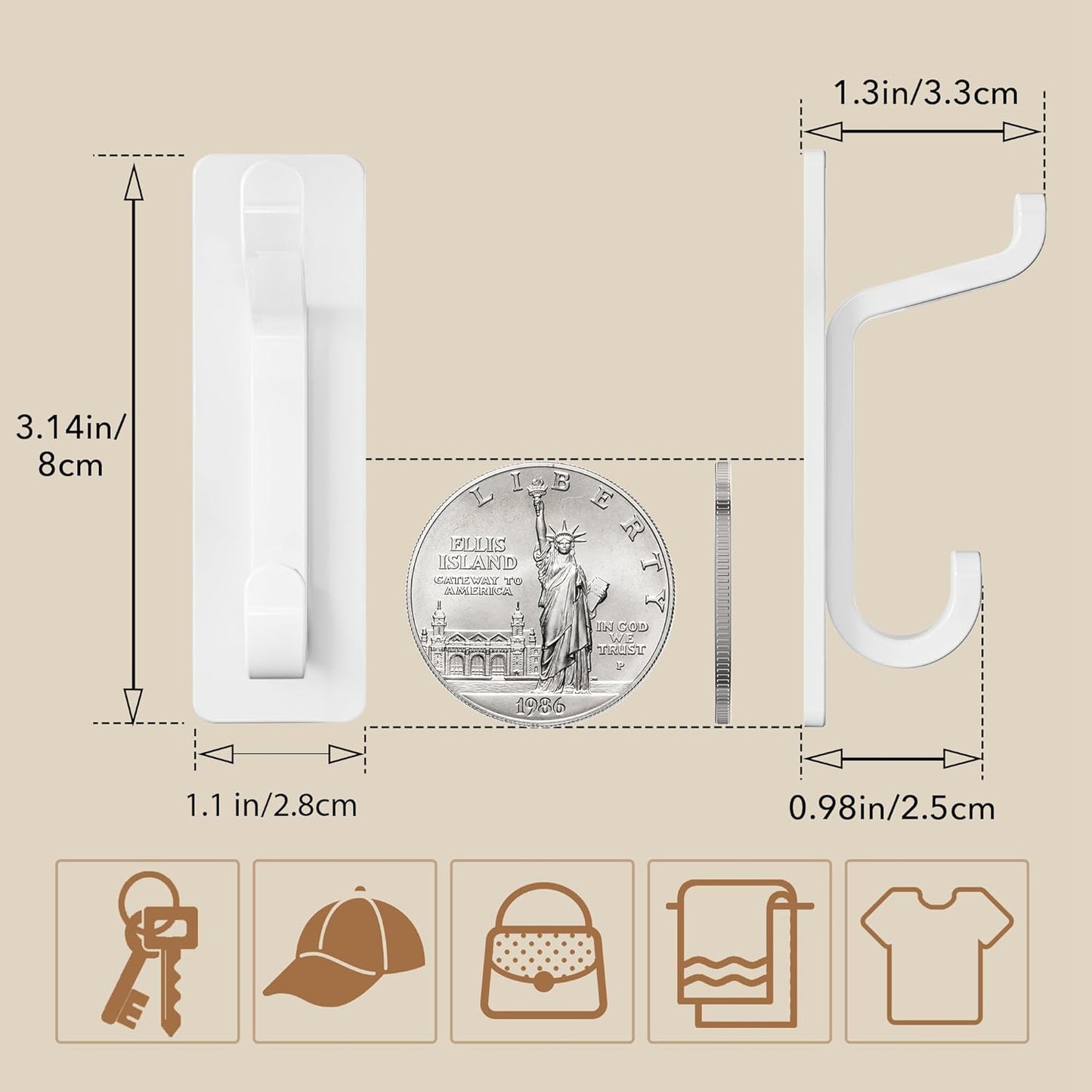 Pickpiff Wall Hooks - 13LB Strong Adhesive Coat & Towel Hangers | White 4-Pack for Easy Organization