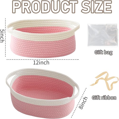 JMvicyroam Woven Basket - Small Rope Storage Bin with Handles & Ribbon | 2-Pack White & Pink Gift Organizer for Shelves and Closets