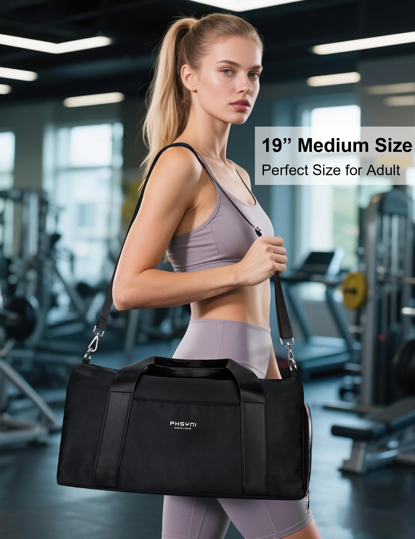PHSYNI Gym Bag for Women with Shoe Compartment & Wet Pocket - Duffle Bag for Travel Sports Fitness Workout Athletic, 19“-Medium, Black