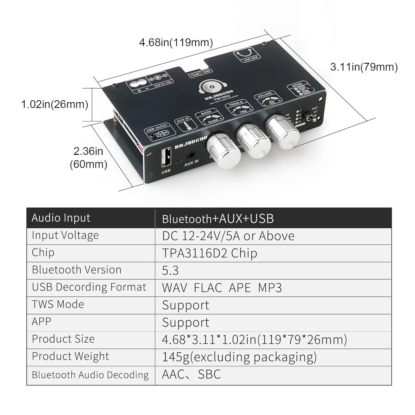 TW100U 100W 5.3 TPA3116D2 (19V/24V), 12-24V Mono Bluetooth Amplifier Board, Digital Power Amp Module with Built