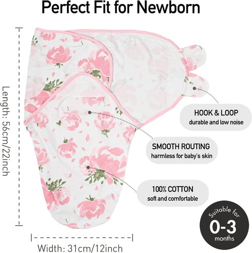 GLLQUEN Baby Girl Swaddles - 3 Pack Infant Sleep Sacks in Pink Floral | Easy Swaddling for Newborns (0-3 Months)