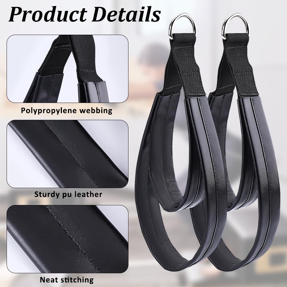 CALFOVERA 2Pcs PU Leather Pilates Straps Handles Double Loop D-Ring Exercise Straps Black Comfortable Yoga Exercise Handle Padded for Reformer Padded Home Gym Workout Equipment Accessories