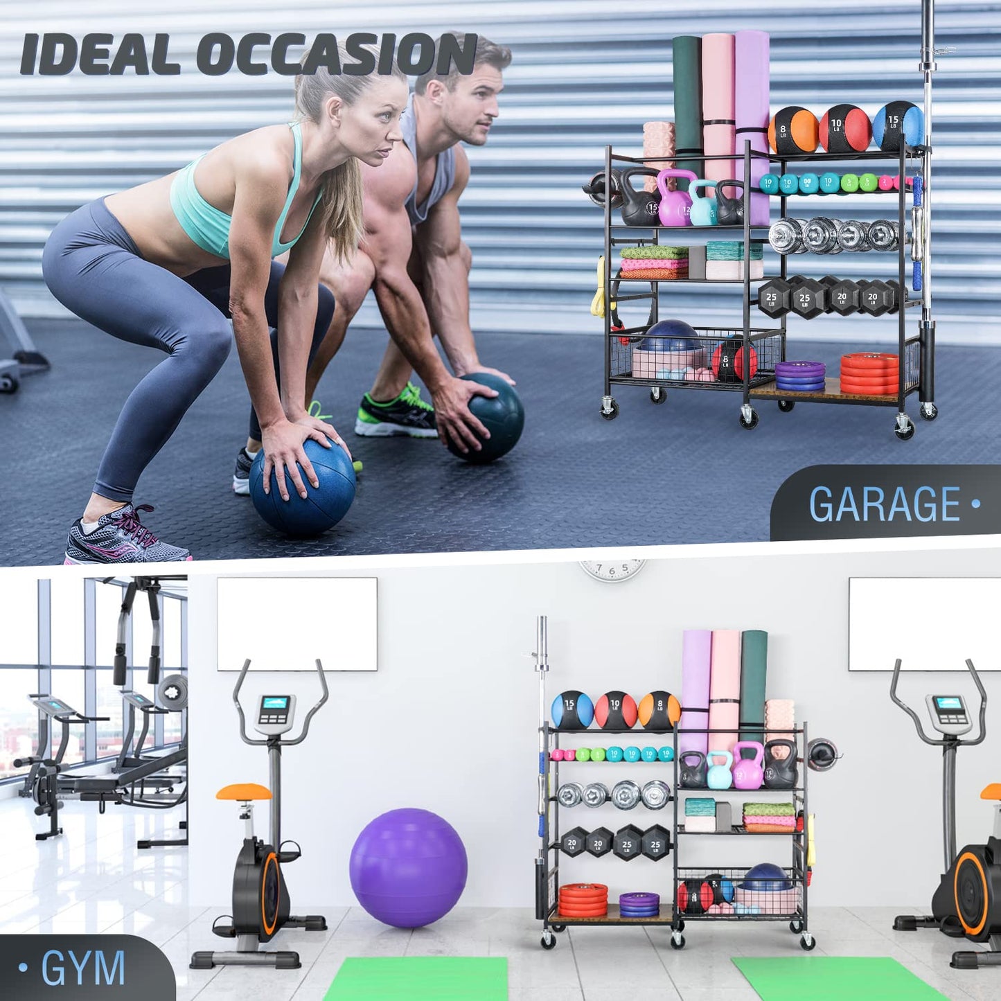 PLKOW Dumbbell Rack - Weight Stand with Barbell Holder, Storage Rack for Dumbbells, Yoga Mats, Medicine Balls, Barbell Storage, Home Gym Organizer with Wheels, Black